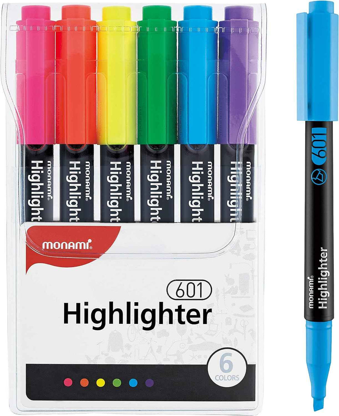 MONAMI Highlighter 601 Pastel,Chisel Tip,Assorted Colors,6-Pack Standard