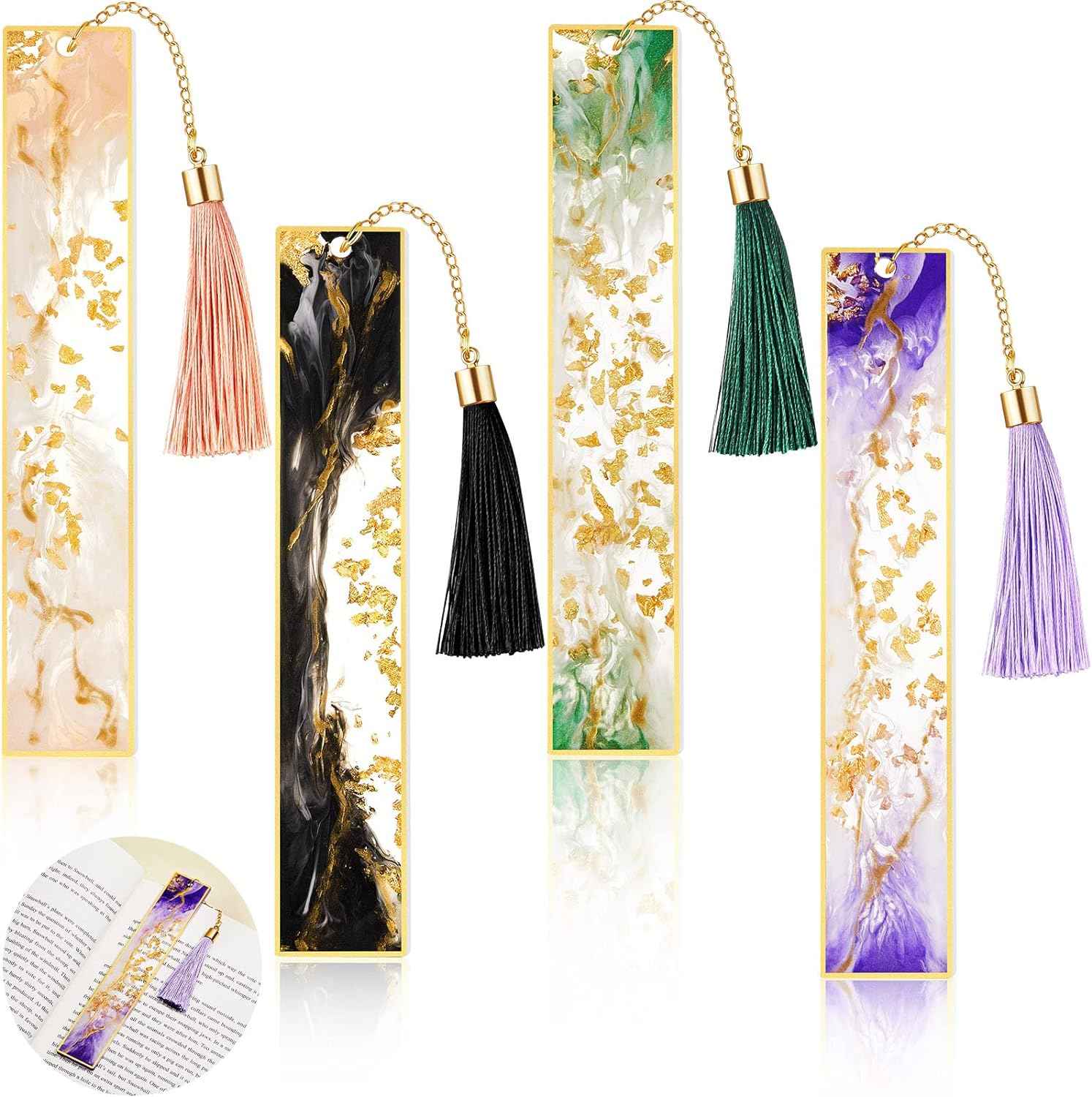 4Pcs Handmade Resin Bookmarks with Tassels Bright Color