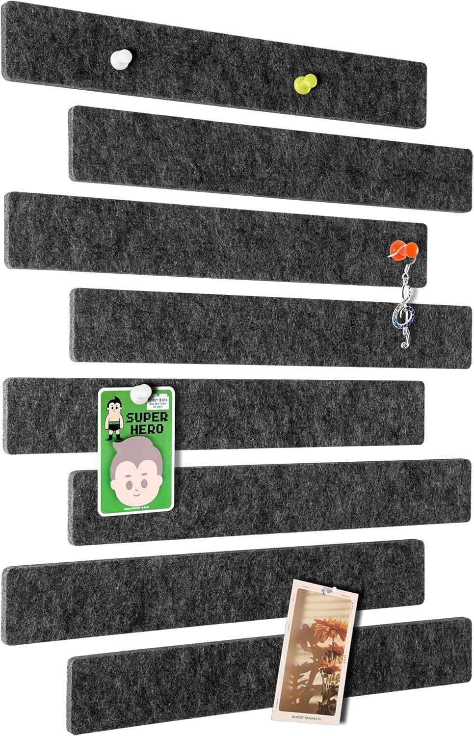 Felt Self-Adhesive Bulletin Board Bar Strips with 40 Push Pins 8 Pack Dark Grey