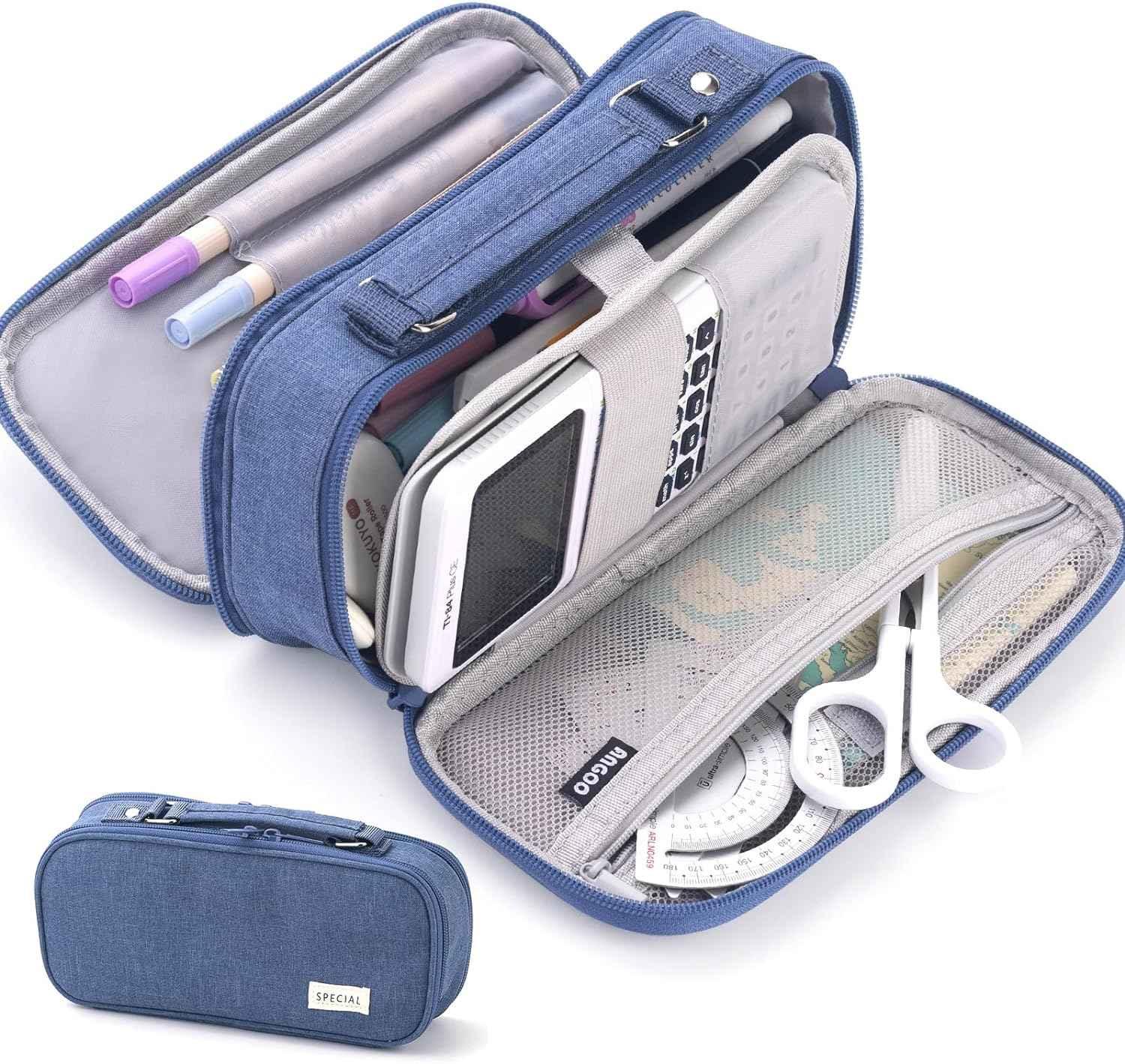 Large capacity pencil case Pencil Pouch Double Zipper Storage Bag Dark Blue