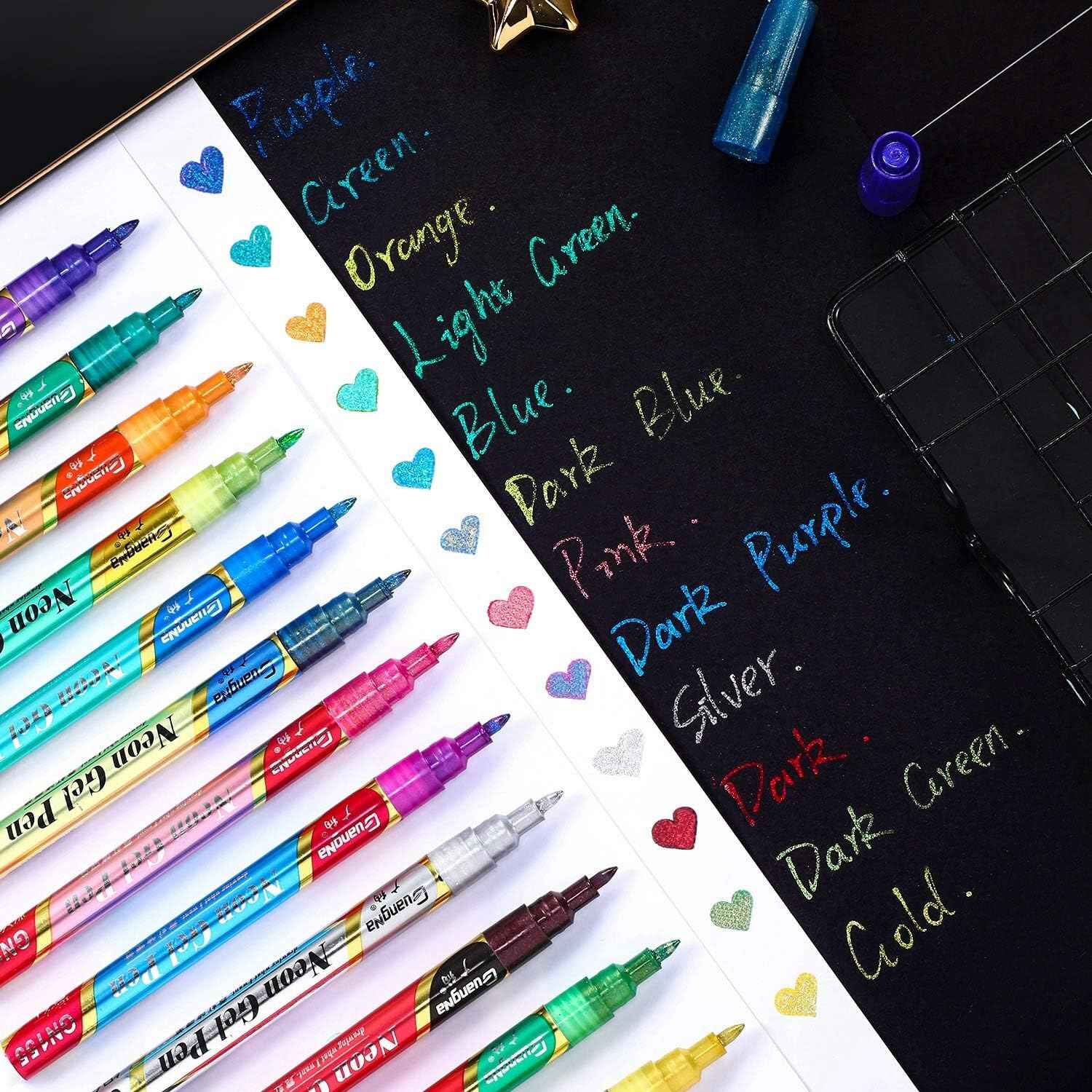 Guangna Neon Gel Pen Glitter Double Color Metallic Marker-12 Colors