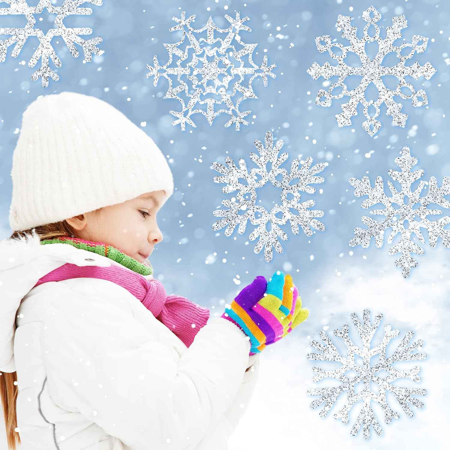 45pcs Winter Christmas Snowflake Paper Cutouts with Glue Point Dots