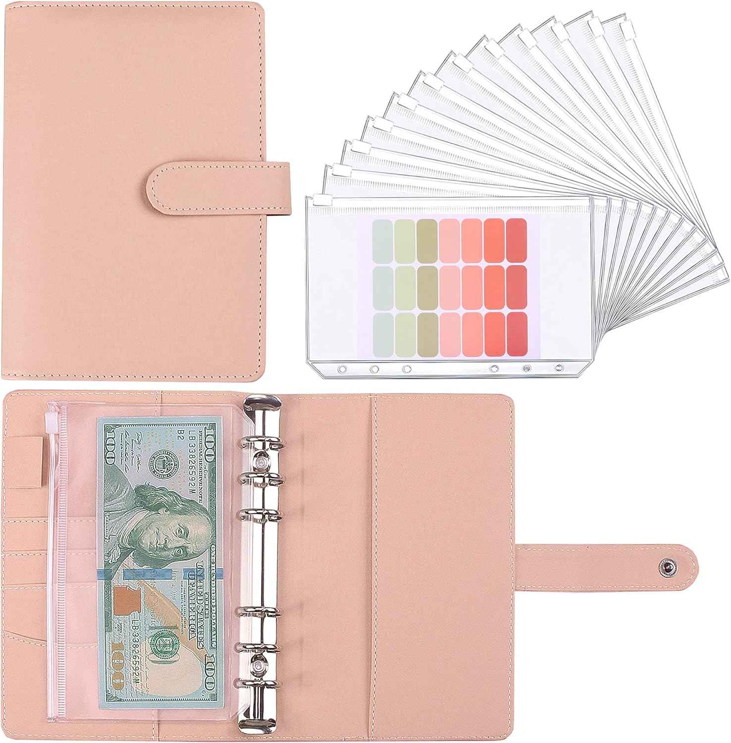 A6 Budget Binder,PU Leather with 12PCS Cash Pockets Light Pink