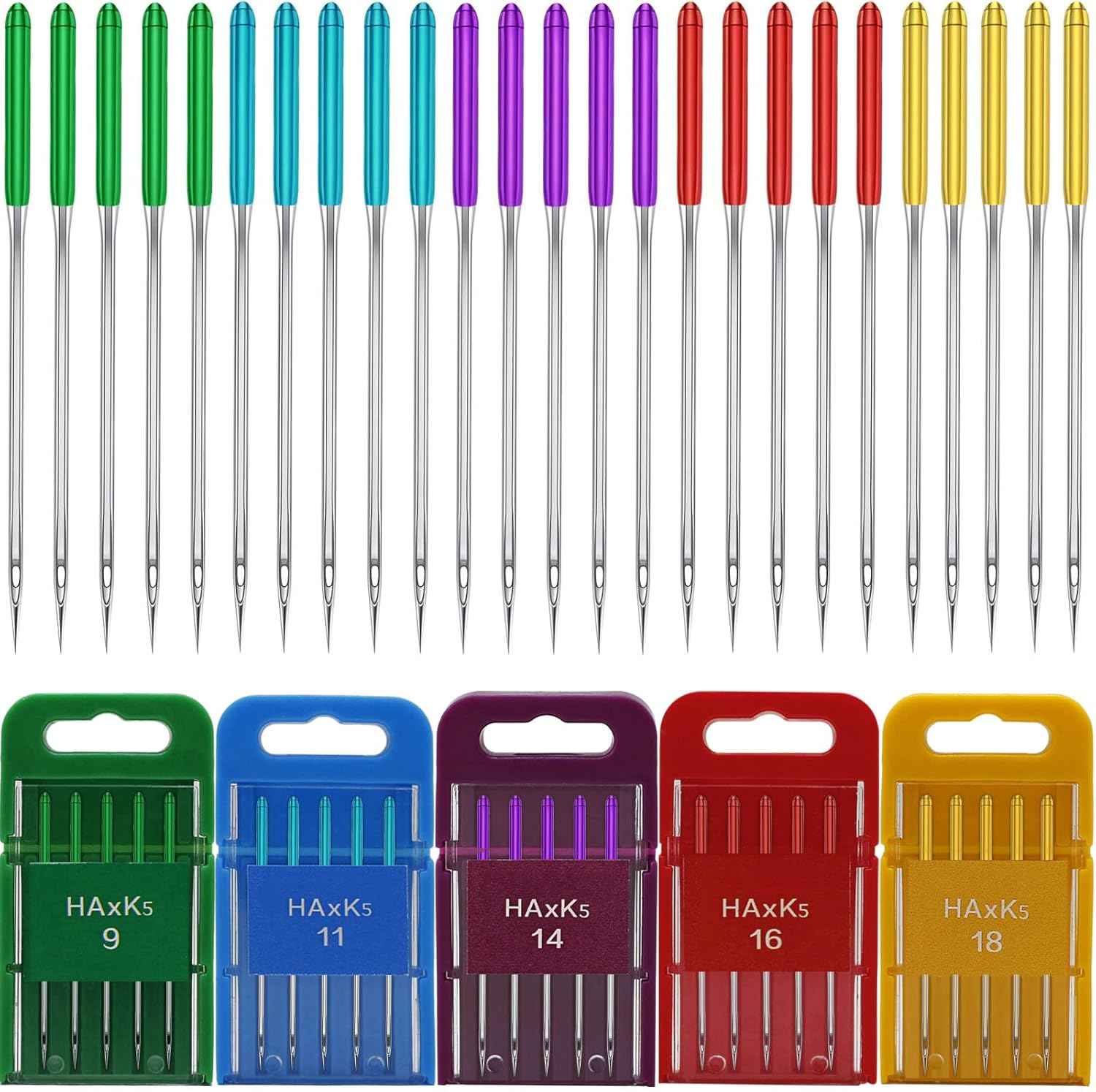 25 sewing machine needles with metal tips and colored heads in multiple sizes