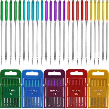 25 sewing machine needles with metal tips and colored heads in multiple sizes