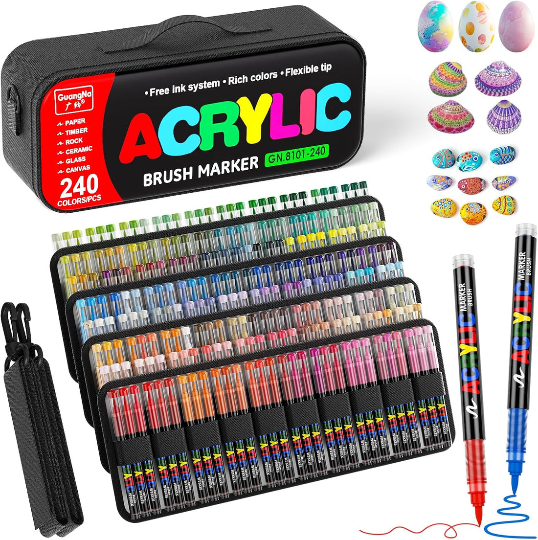 GuangNa GN8101 Soft Brush Acrylic Marker Set 240 Colors Carrying Case