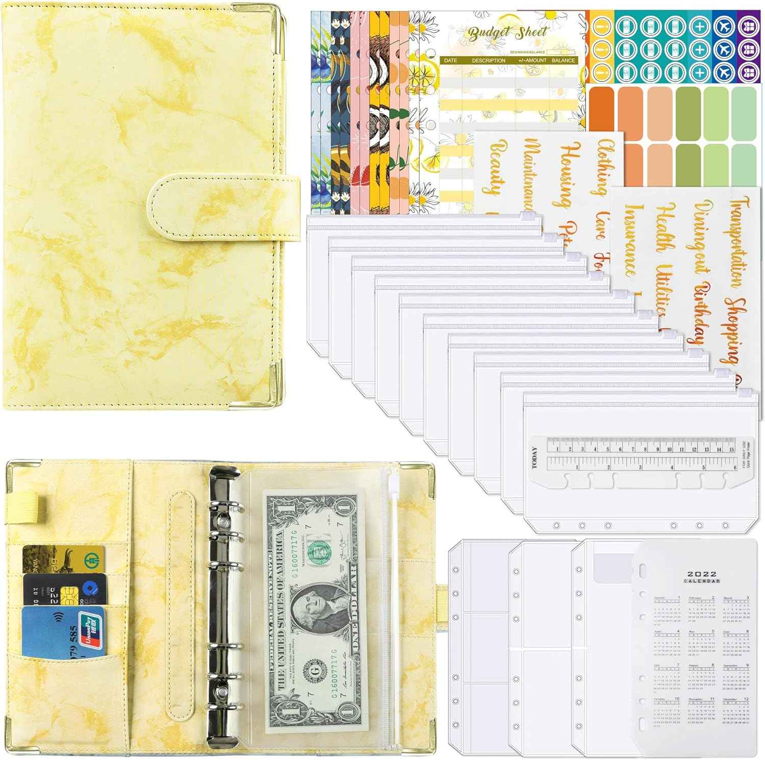 A6 Budget Binder with 12pcs Zipper Cash Envelopes Money Organizer Yellow