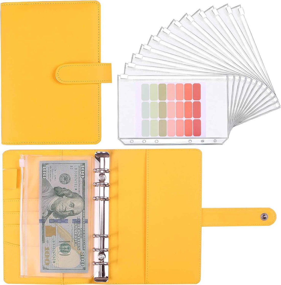 A6 Budget Binder,PU Leather with 12PCS Cash Pockets Yellow