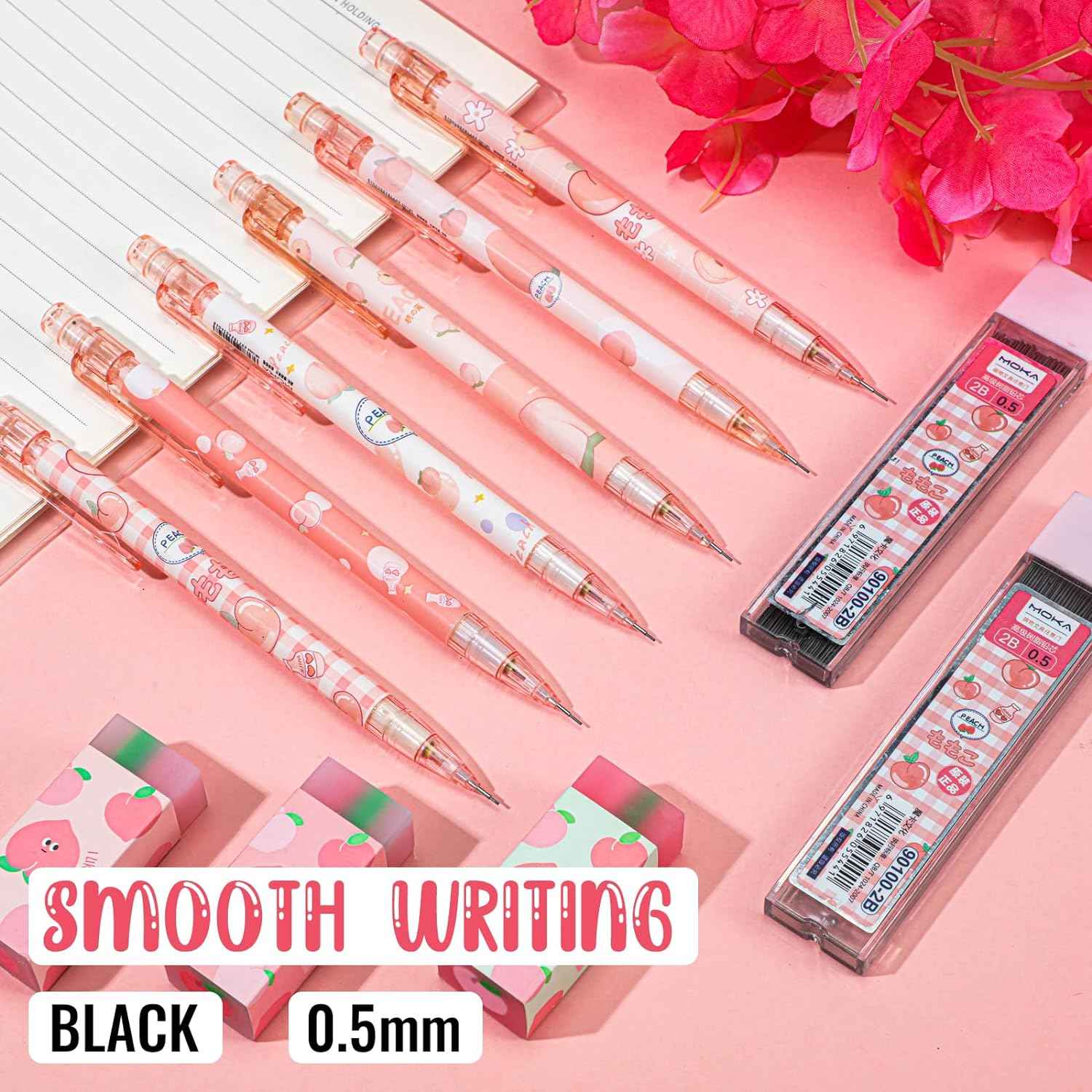 15pcs Peach Mechanical Pencils with 0.5mm Pencil Refills and Erasers