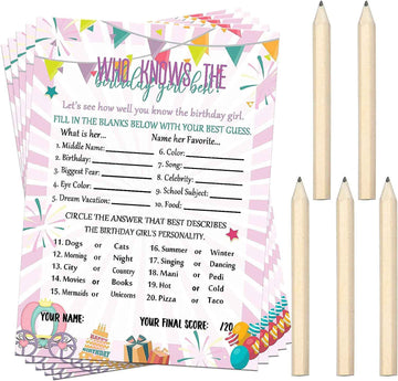 50 Pcs Birthday Party Activity Game Card Set with 20 Pcs Wood Pencils