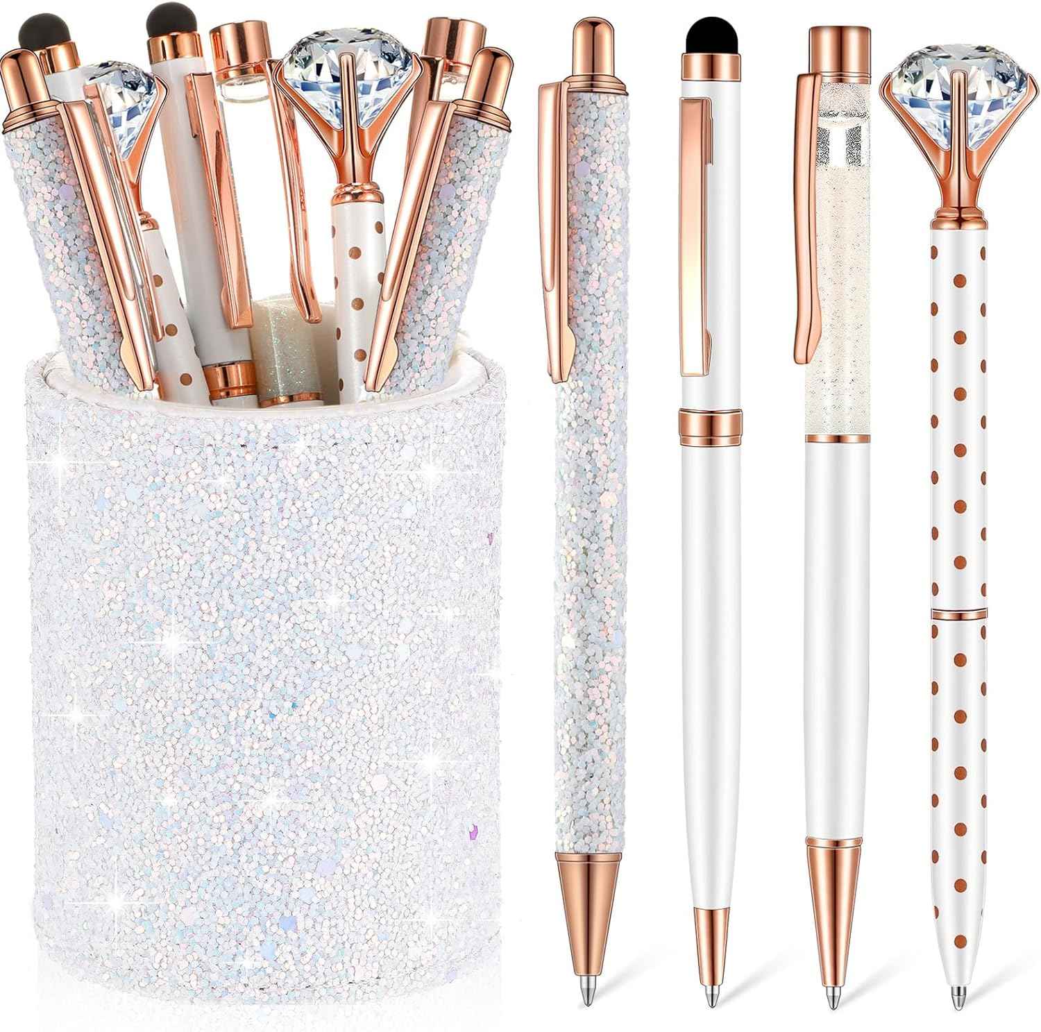 8Pcs Crystal Glitter Ballpoint Pens with Pen Holder for Desk Organizer White