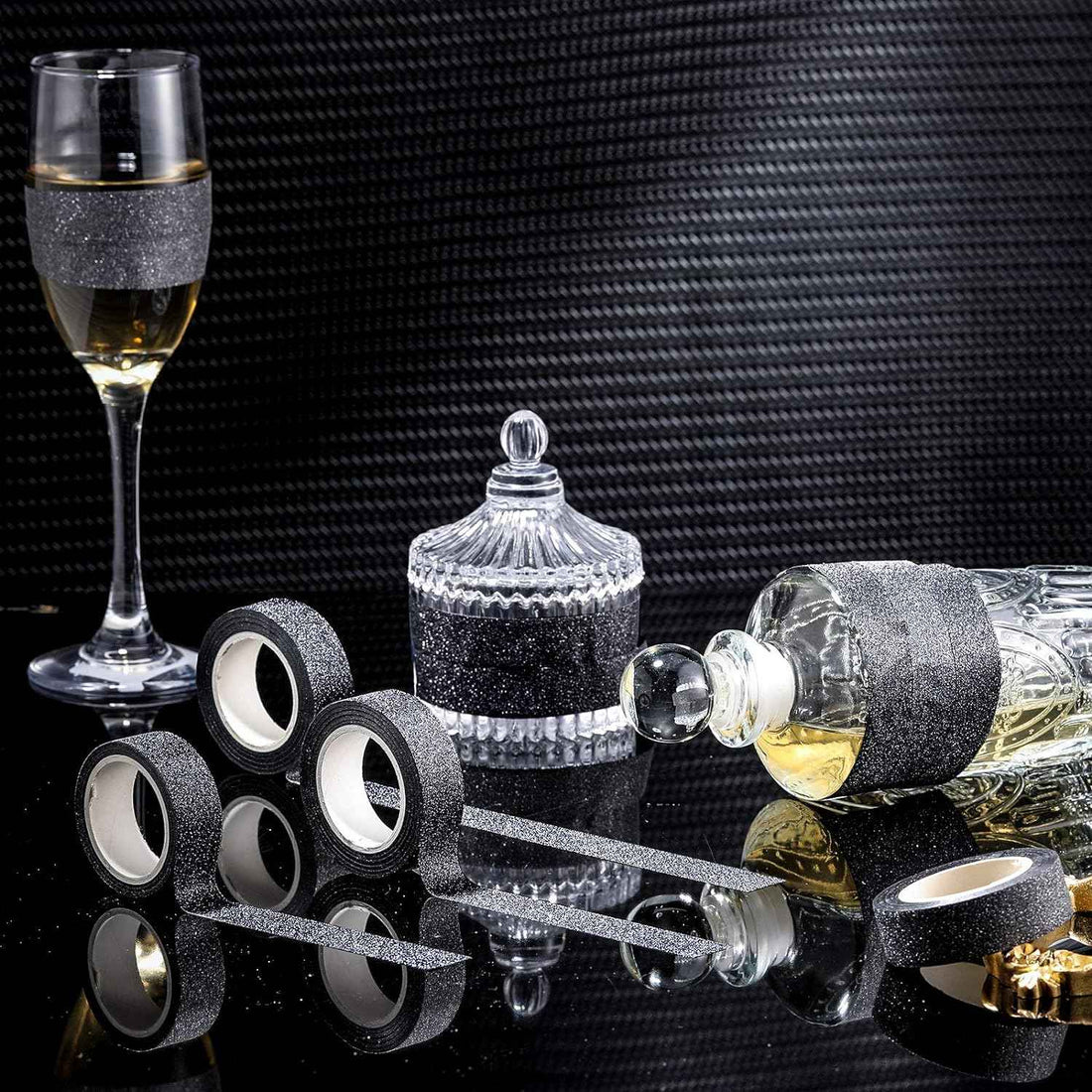 4 Rolls 0.6Inch x 11 Yards Glitter Washi Tape Crafting Masking Tape Black