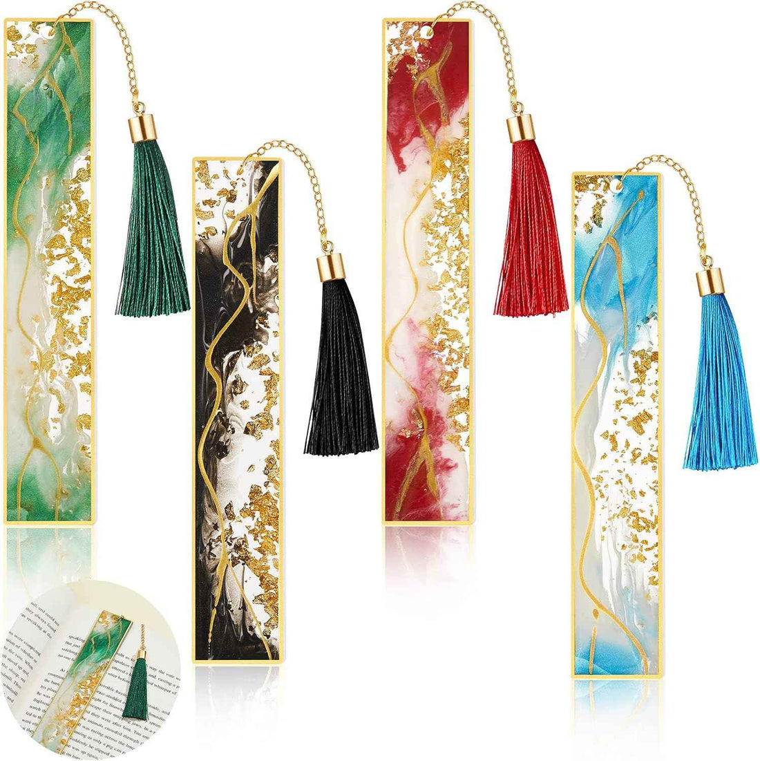 4Pcs Handmade Resin Bookmarks with Tassels Vibrant Color
