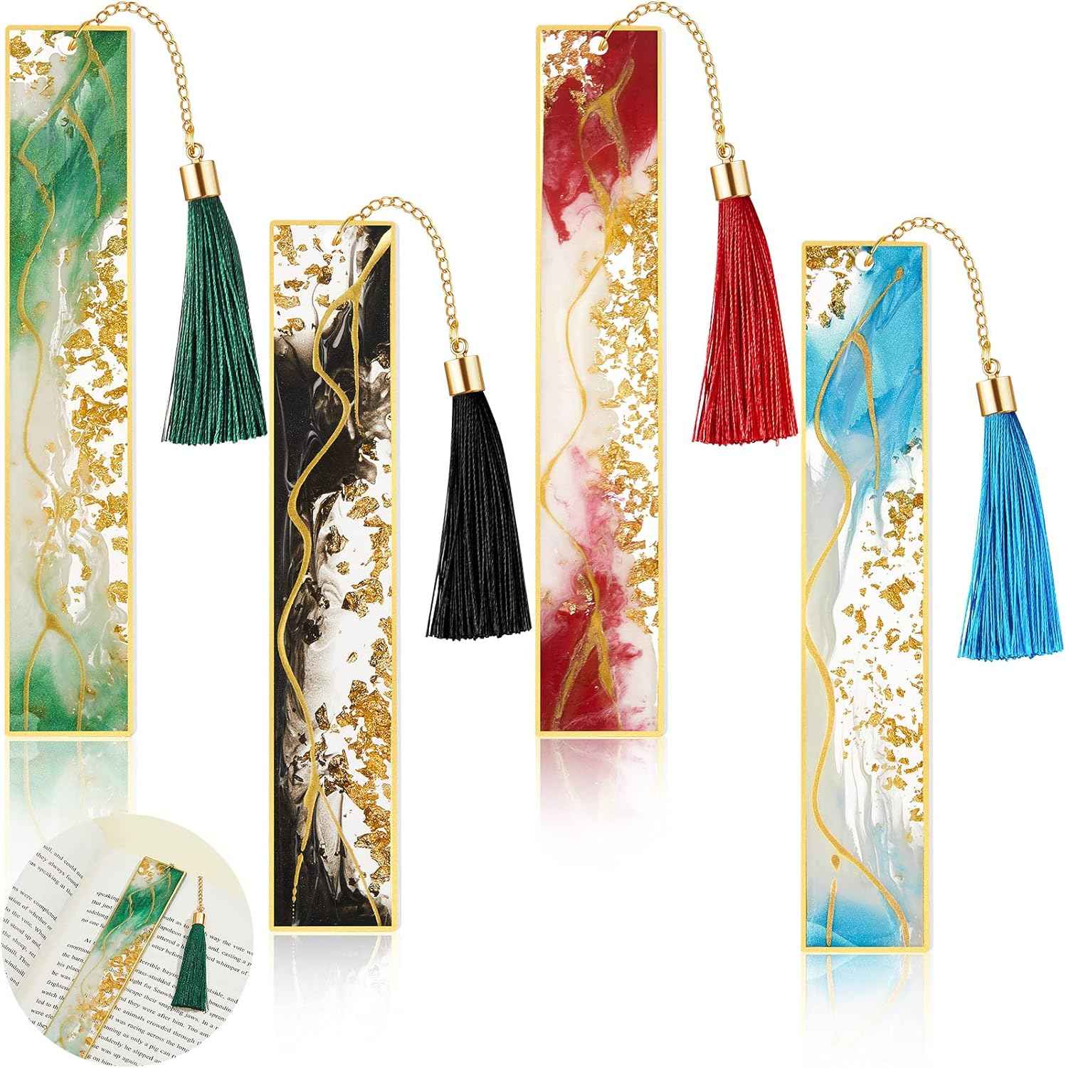 4Pcs Handmade Resin Bookmarks with Tassels Vibrant Color