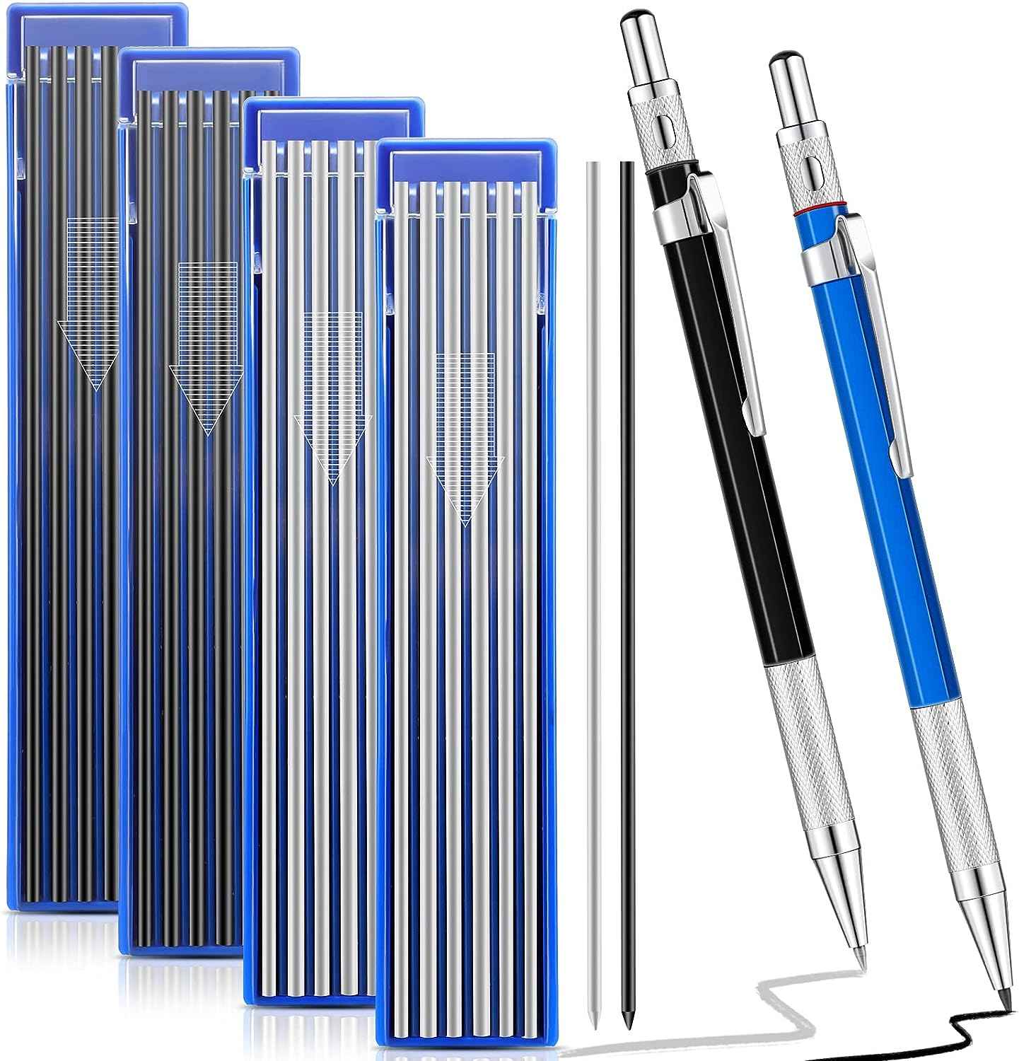 2Pcs Welders Mechanical Pencils with 48PCS Round Refills Sliver, Black