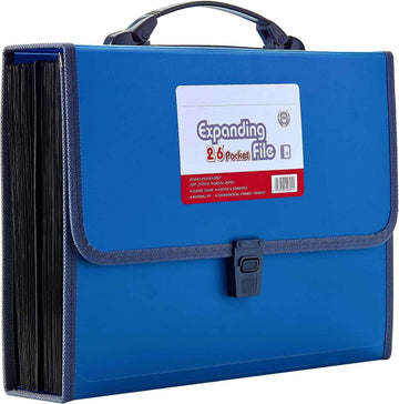 26 Pockets Expanding File Folder with Handle - Letter A4 Paper Blue