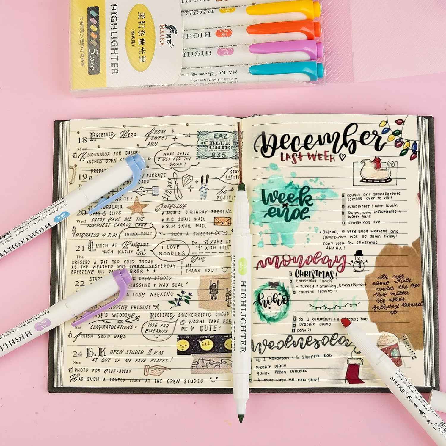 MAIKE Real Mild Pastel Highlighters 5 Fluorescent Colors Markers