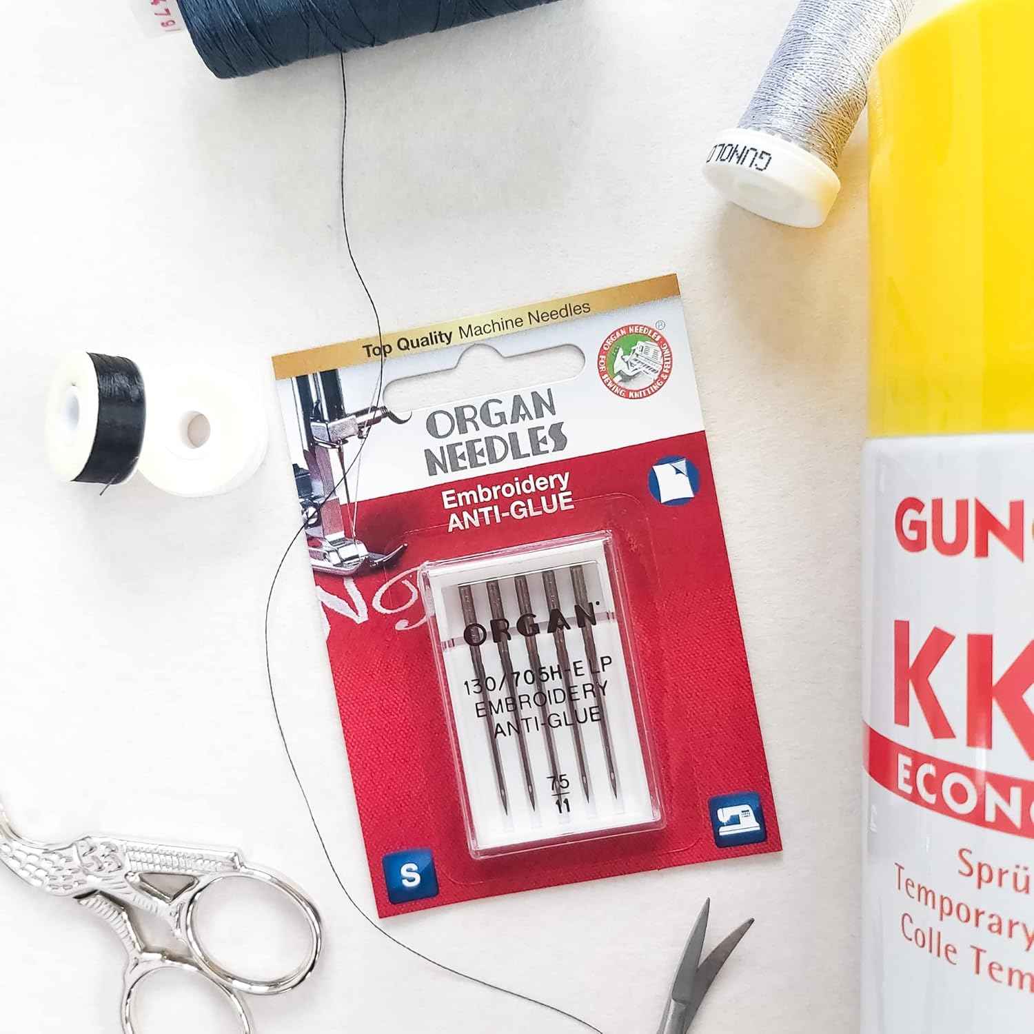 Anti-Glue Stickerei-Nadeln 130/705H HE-LP, Größe 75/11, 5er-Pack im Kunststoffetui