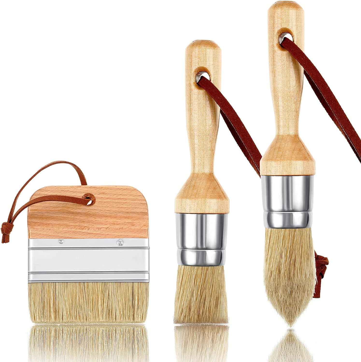 3 Pieces Chalk and Wax Paint Brushes for Acrylic Painting Wood Furniture Tan