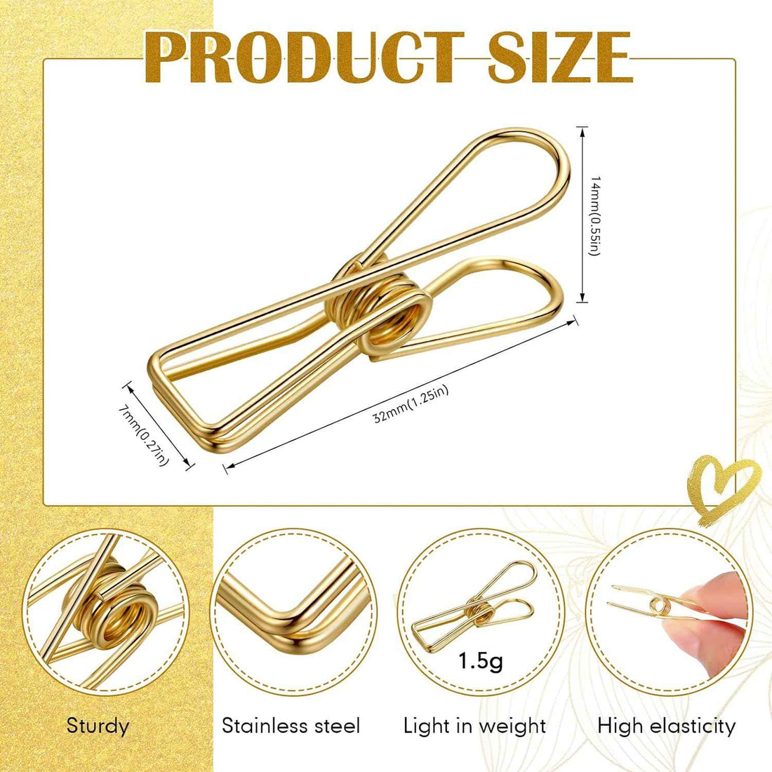 100Pcs Paper Clips Metal Wire Hollow Out Clips Gold