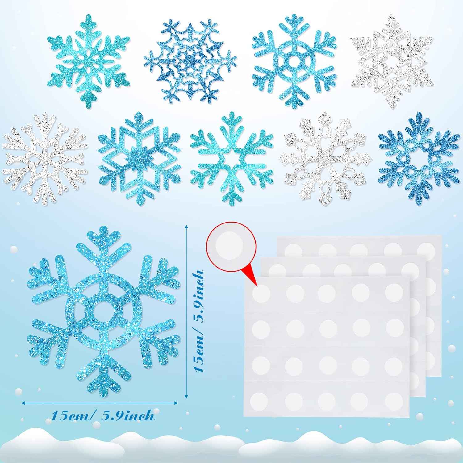 45pcs Winter Christmas Snowflake Paper Cutouts with Glue Point Dots