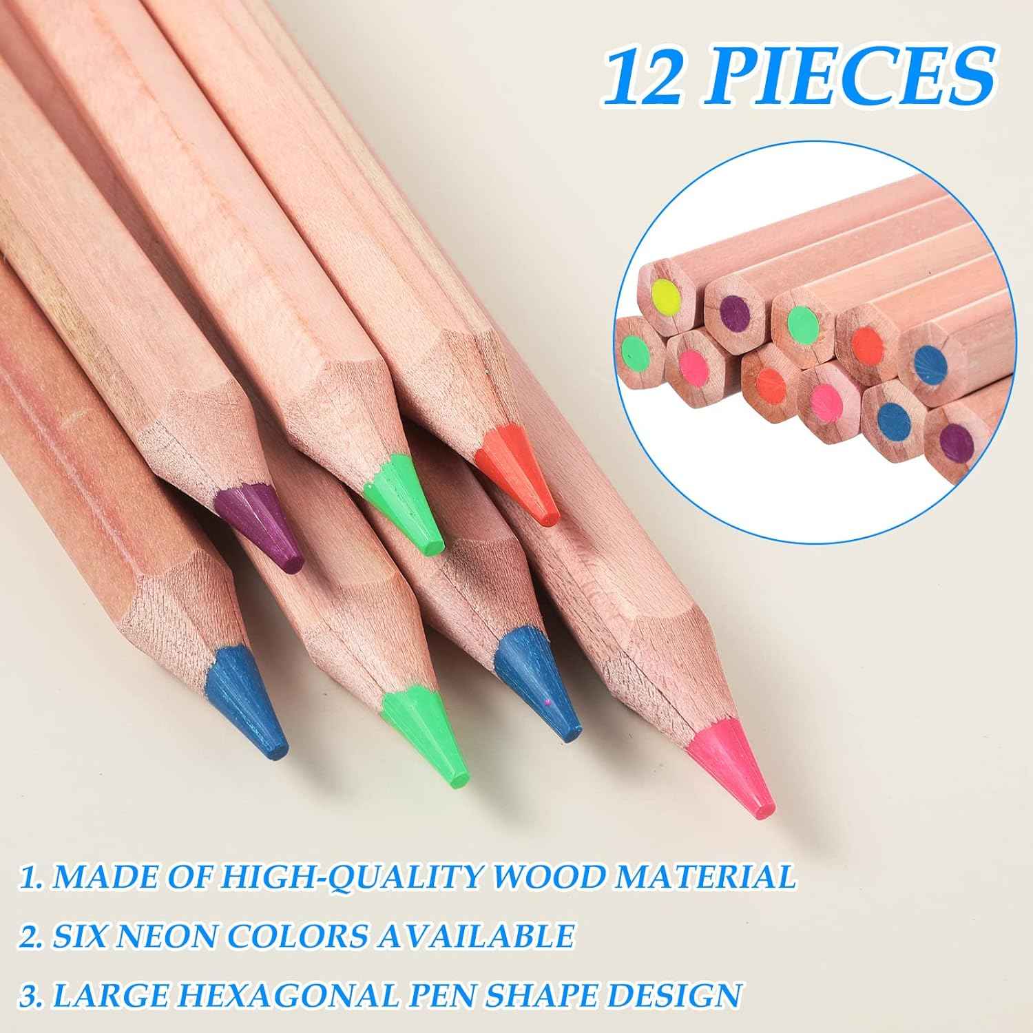12pcs Neon 6 Color Highlighter Pencils with Wooden Sharpener