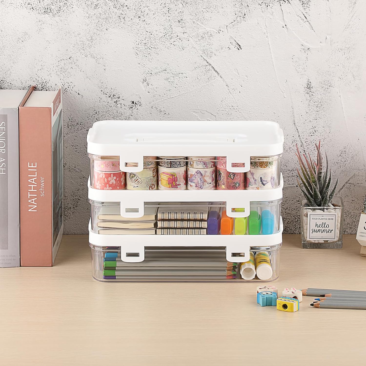 Clear Plastic Storage Container with Lid & Handle for Pencils Markers