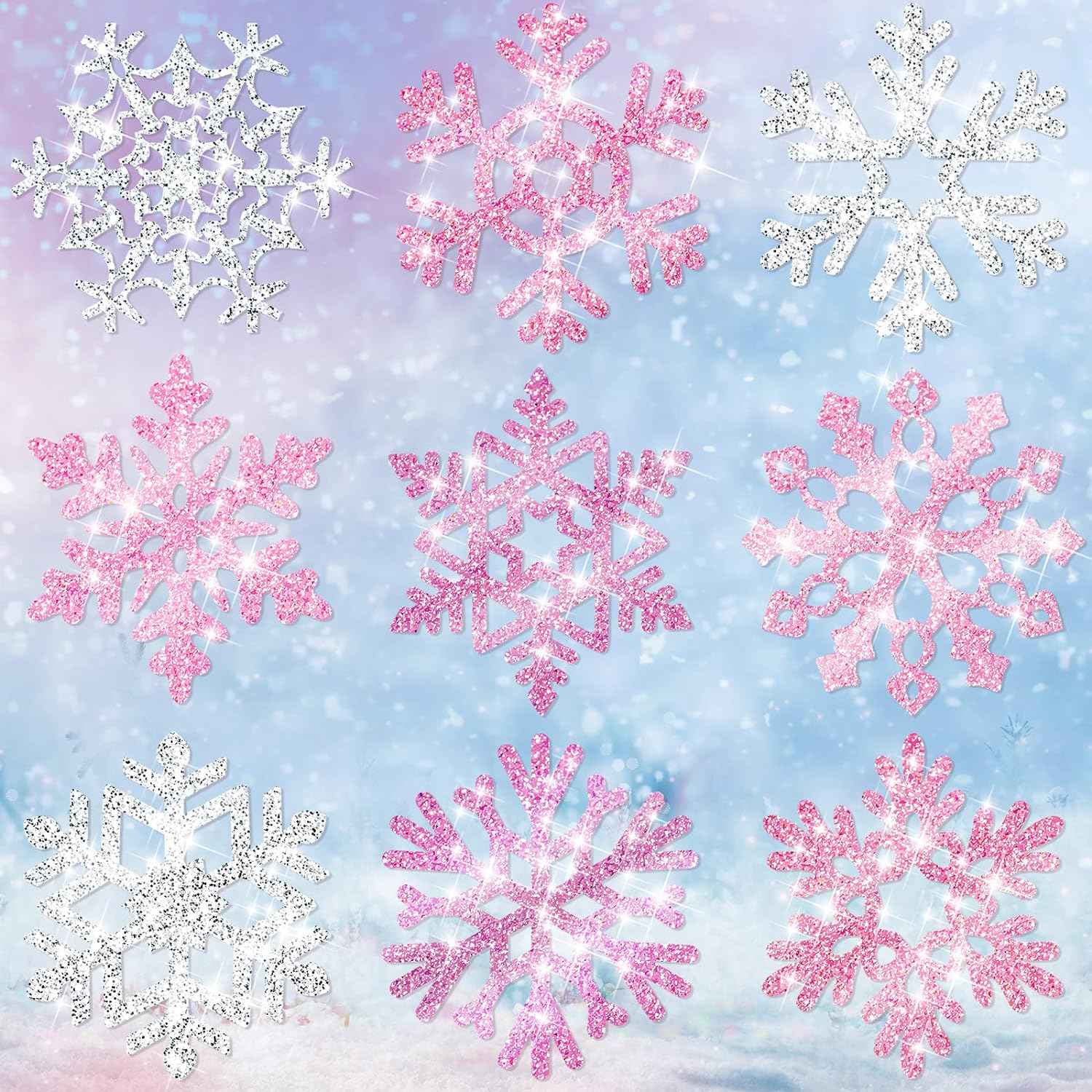 45pcs Winter Christmas Snowflake Paper Cutouts with Glue Point Dots Pink