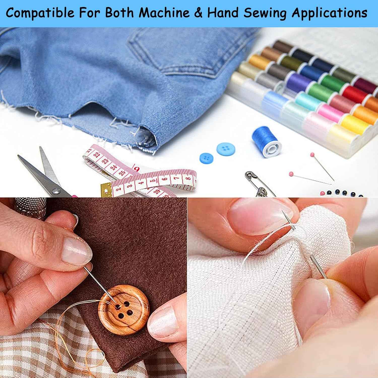 Sewing thread set used to thread a needle through fabric and a button