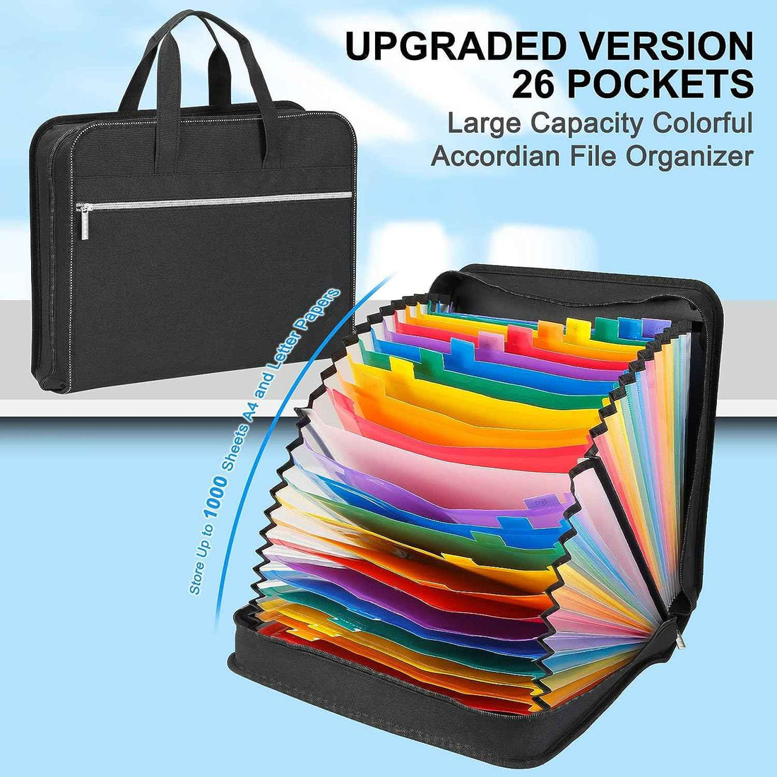 26 Pockets Expanding A4 File Folder Organizer with Handle Black