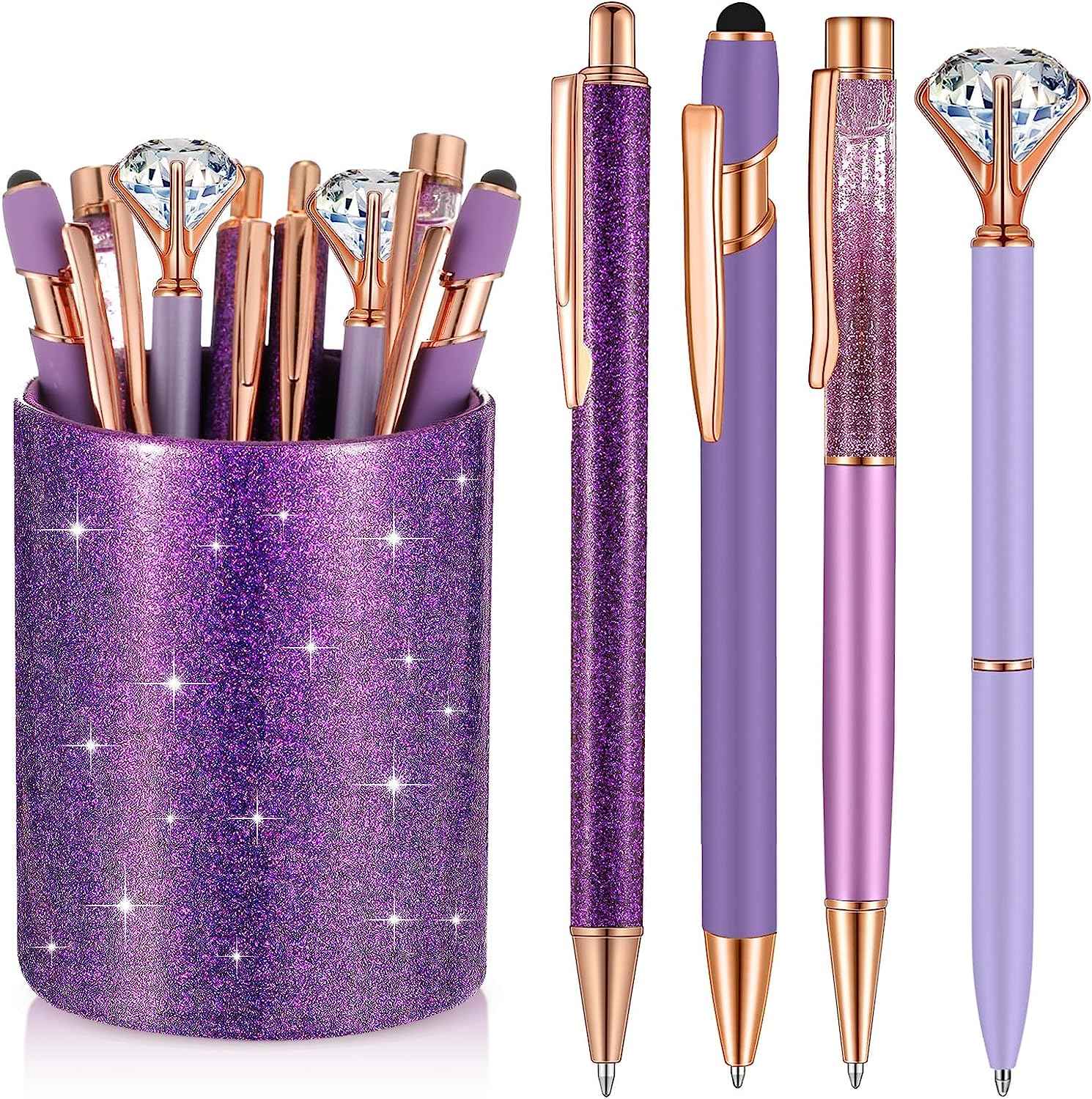 8Pcs Crystal Glitter Ballpoint Pens with Pen Holder for Desk Organizer Violet