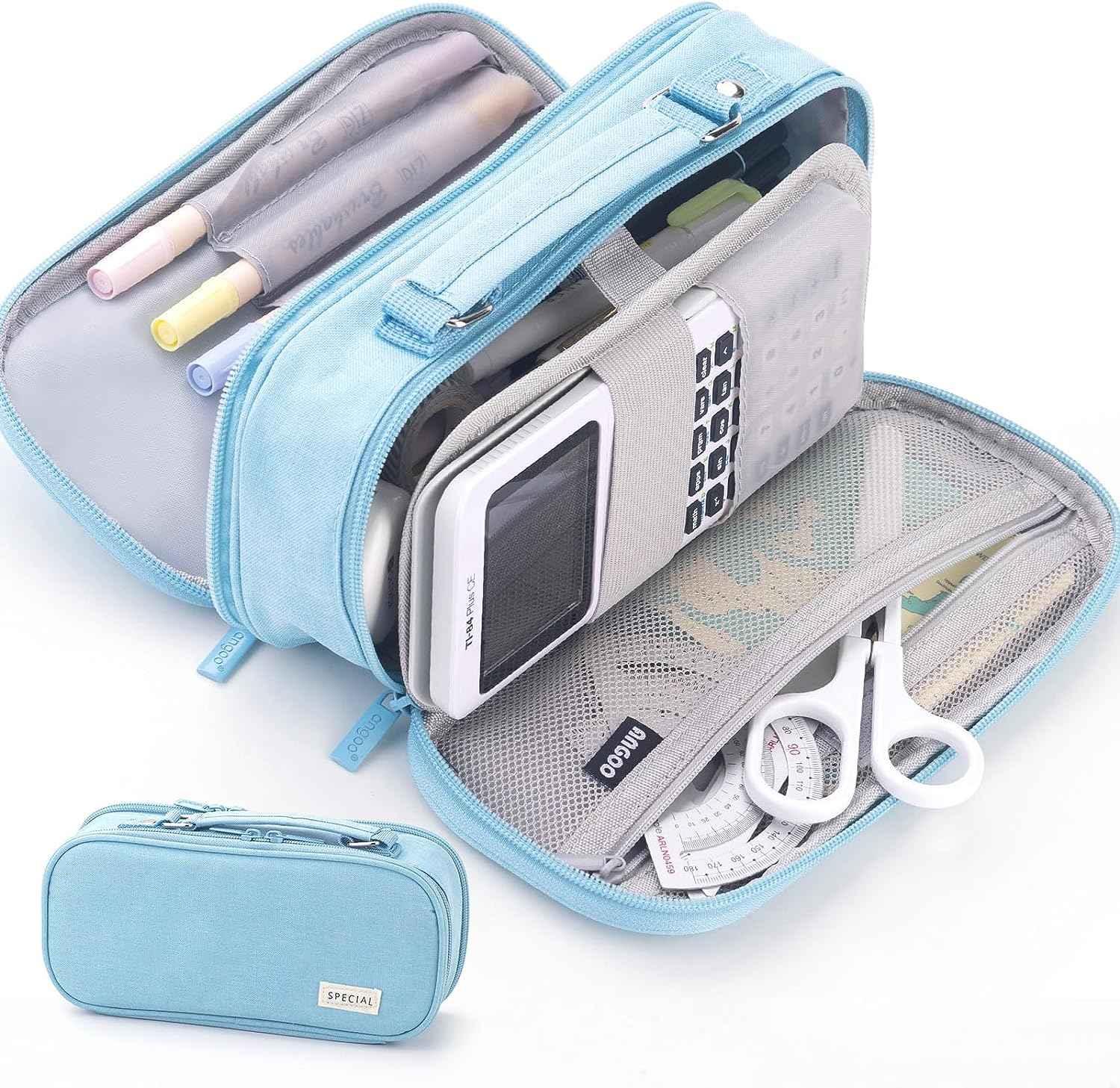Large Capacity Pencil Case Double Zipper Storage Bag Blue