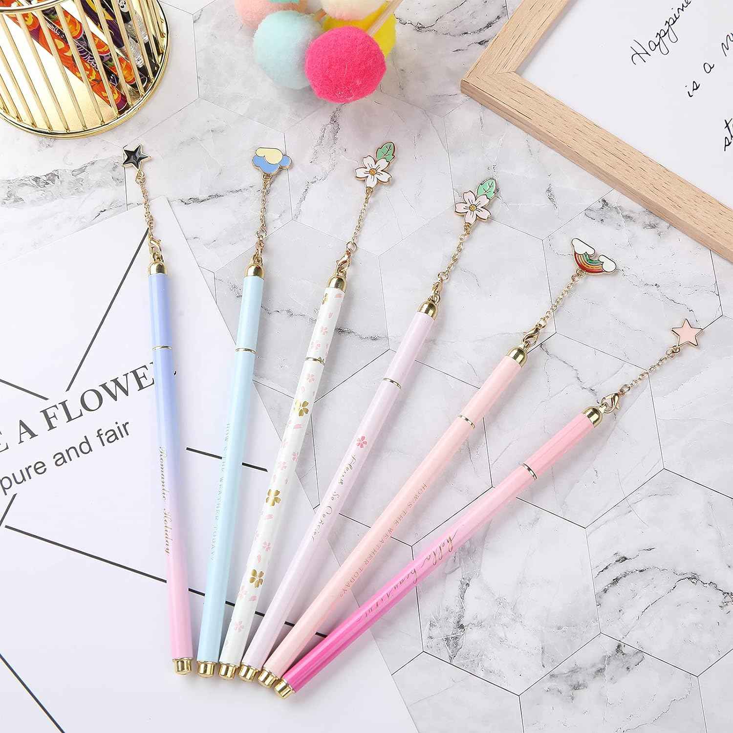 6 Pieces Metal Ballpoint Pens with Cute Pendant Black Ink