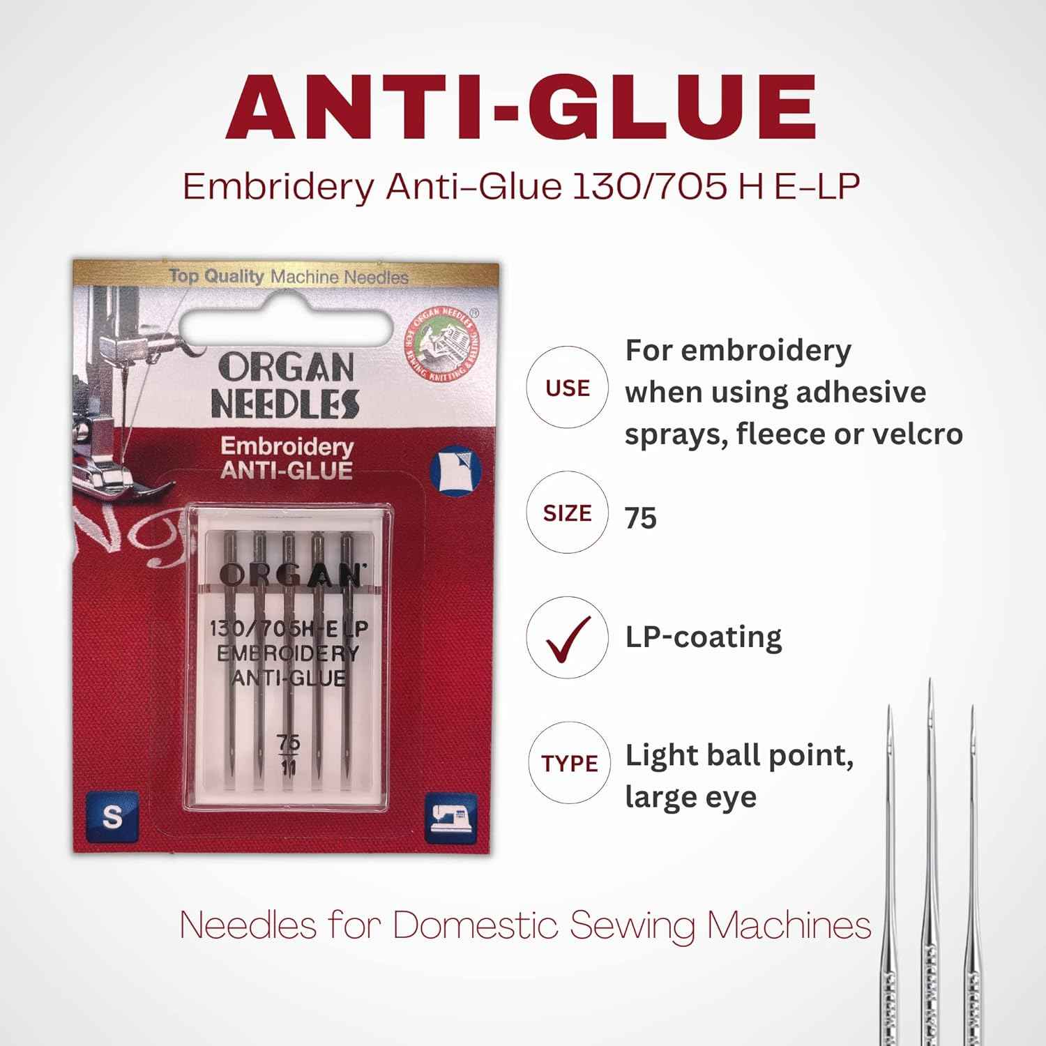 Organ Anti-Glue Stickerei-Nadeln 130/705H HE-LP, Größe 75; LP-Beschichtung, große Öse