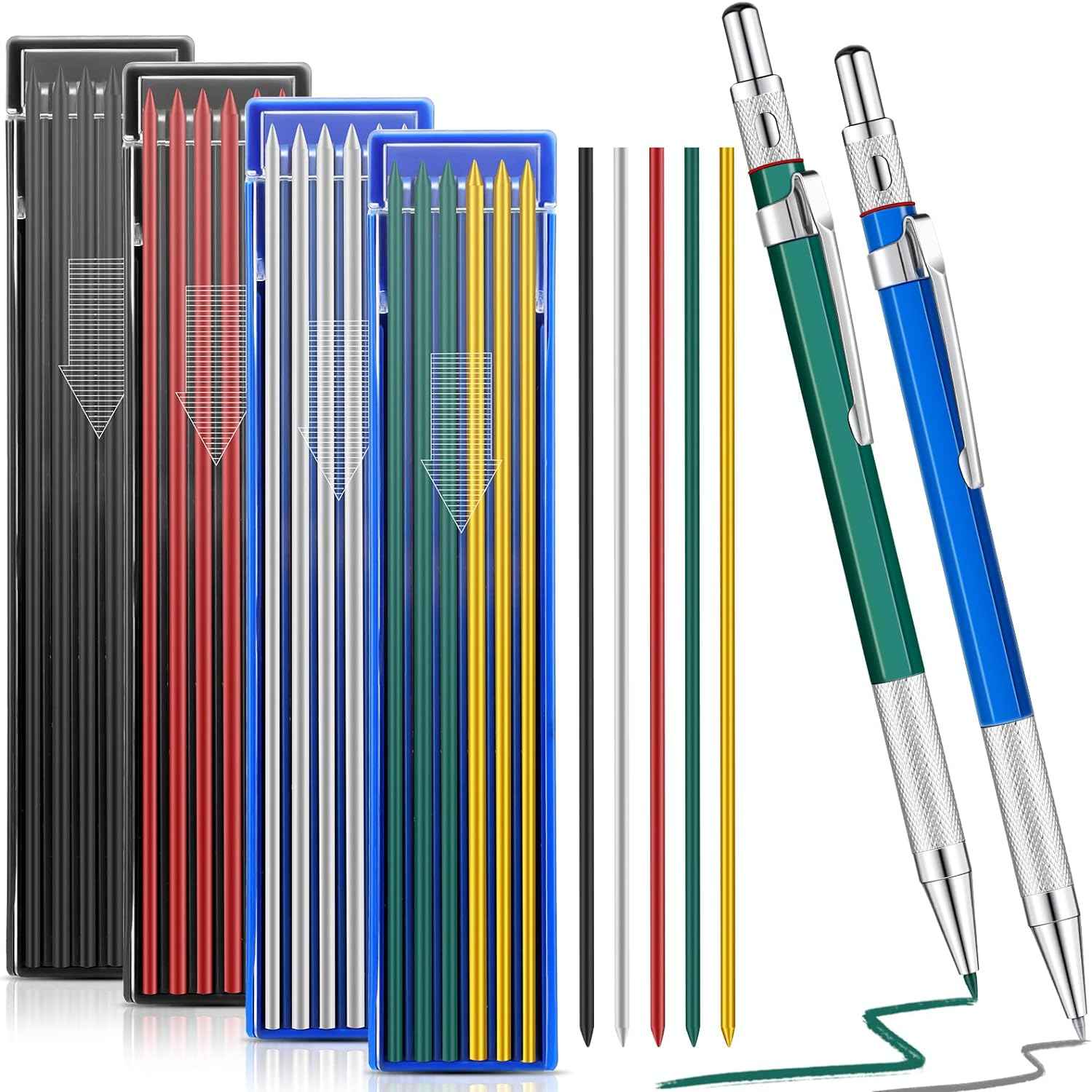 2Pcs Welders Mechanical Pencils with 48PCS Round Refills Silver, Black, Red, Yellow, Green