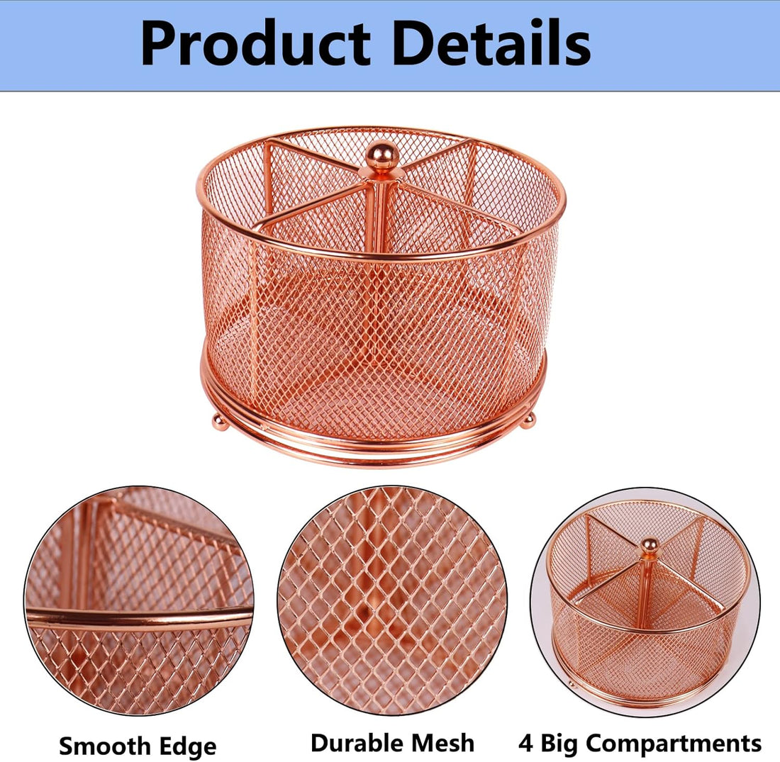 Mesh Rotating Desk Organizer Pen Pencil Holder 4 Compartments Rose Gold