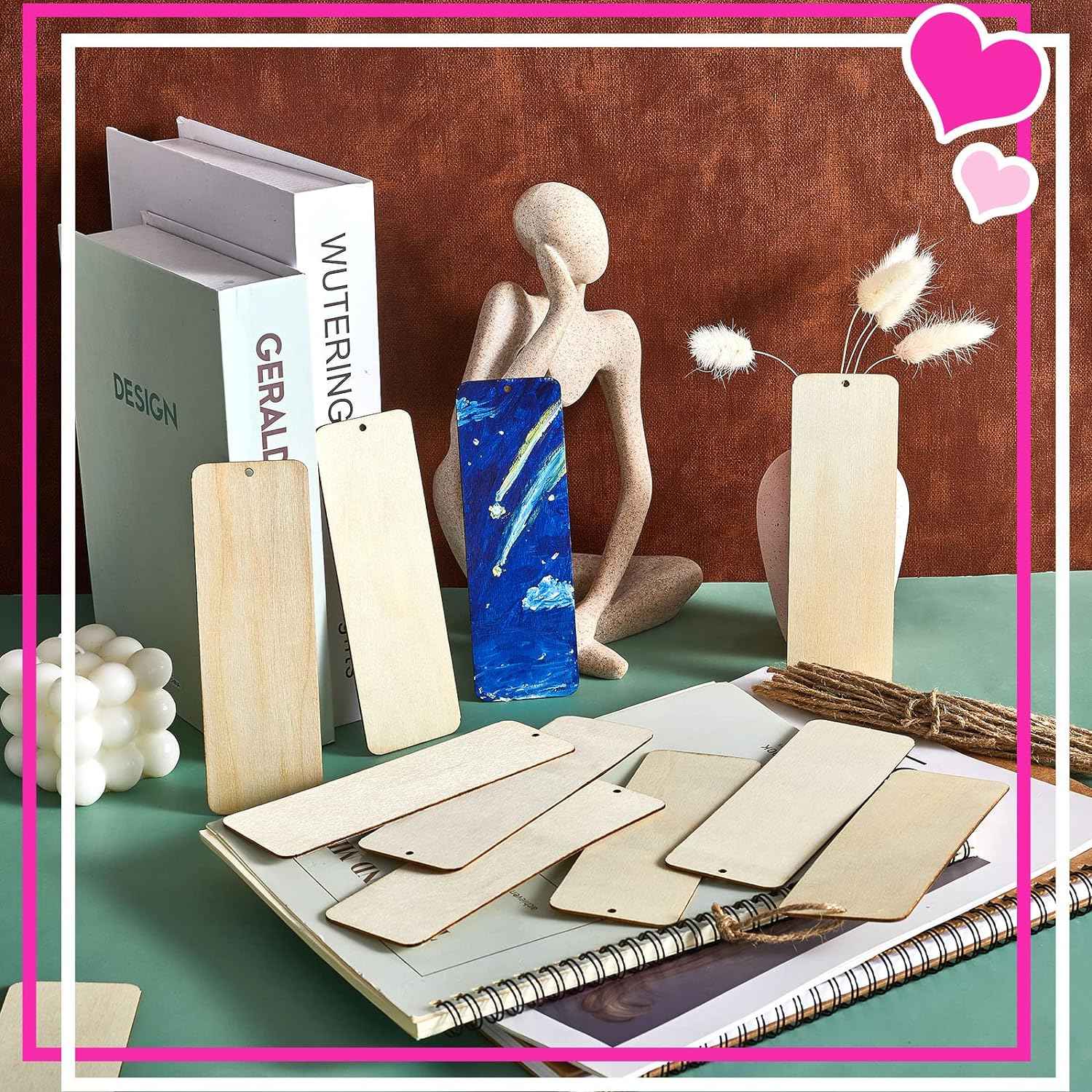 36 Unfinished Wood Blank Bookmarks Hanging Tags with Holes and Ropes 6 x 2 Inch