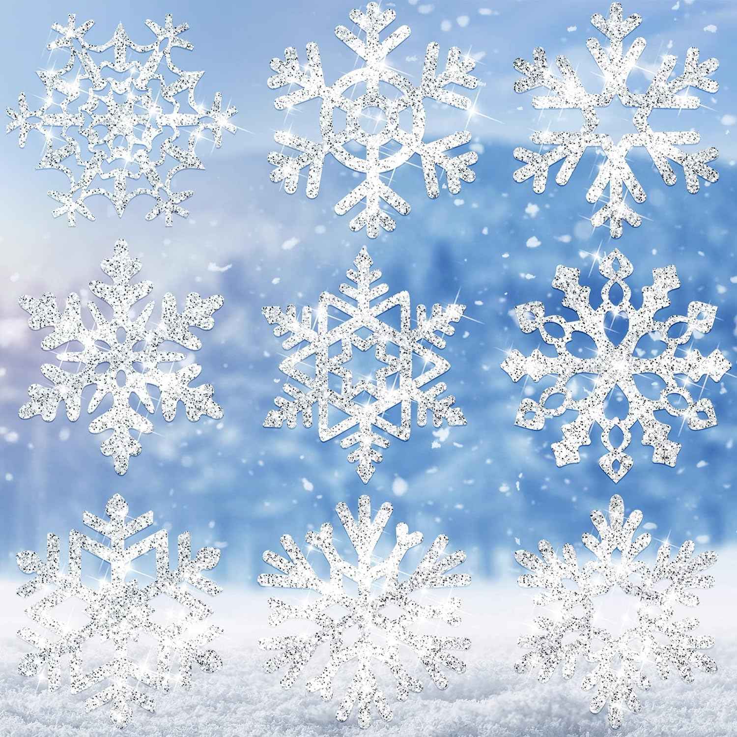 45pcs Winter Christmas Snowflake Paper Cutouts with Glue Point Dots White