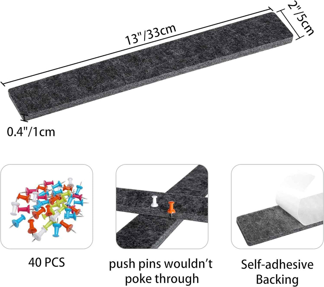Felt Self-Adhesive Bulletin Board Bar Strips with 40 Push Pins 8 Pack Dark Grey