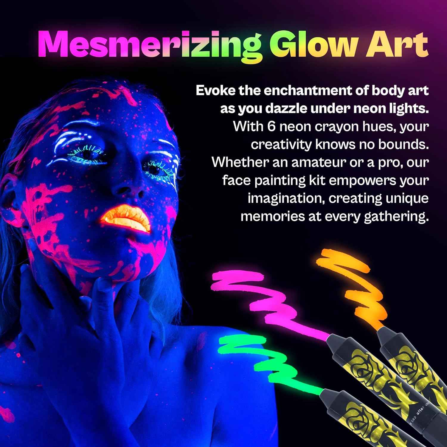 12 Color Neon Glow In The Dark UV Paint Crayons & Face Paint Kit