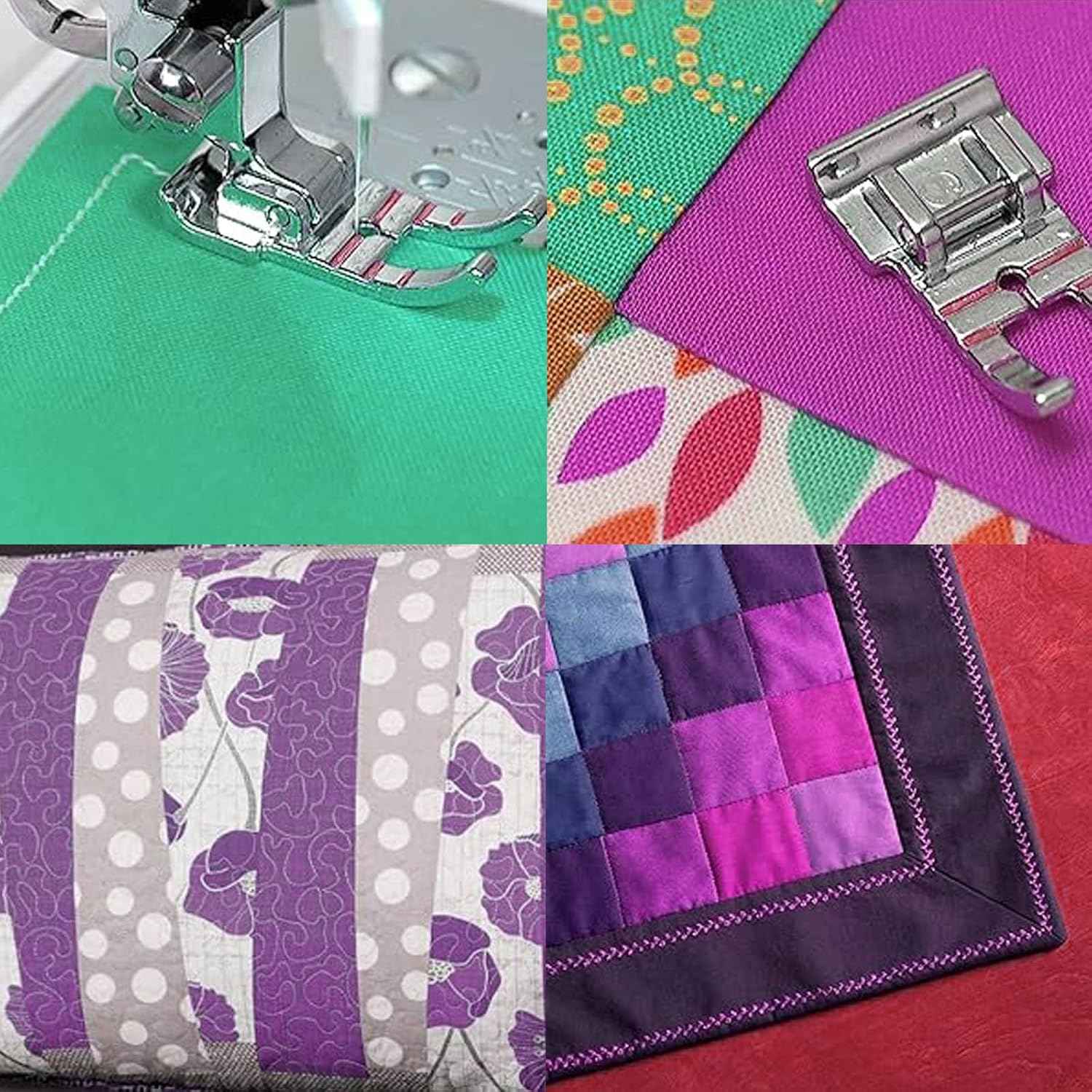 Quilting presser foot sewing patchwork fabric along a 1/4" guide