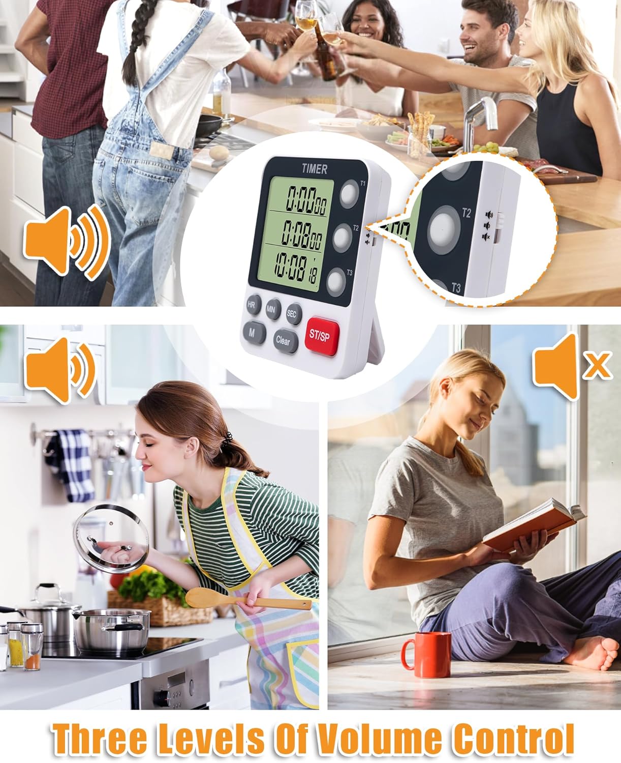 Kitchen Timer Digital - 3 Channel for Cooking with Alarm