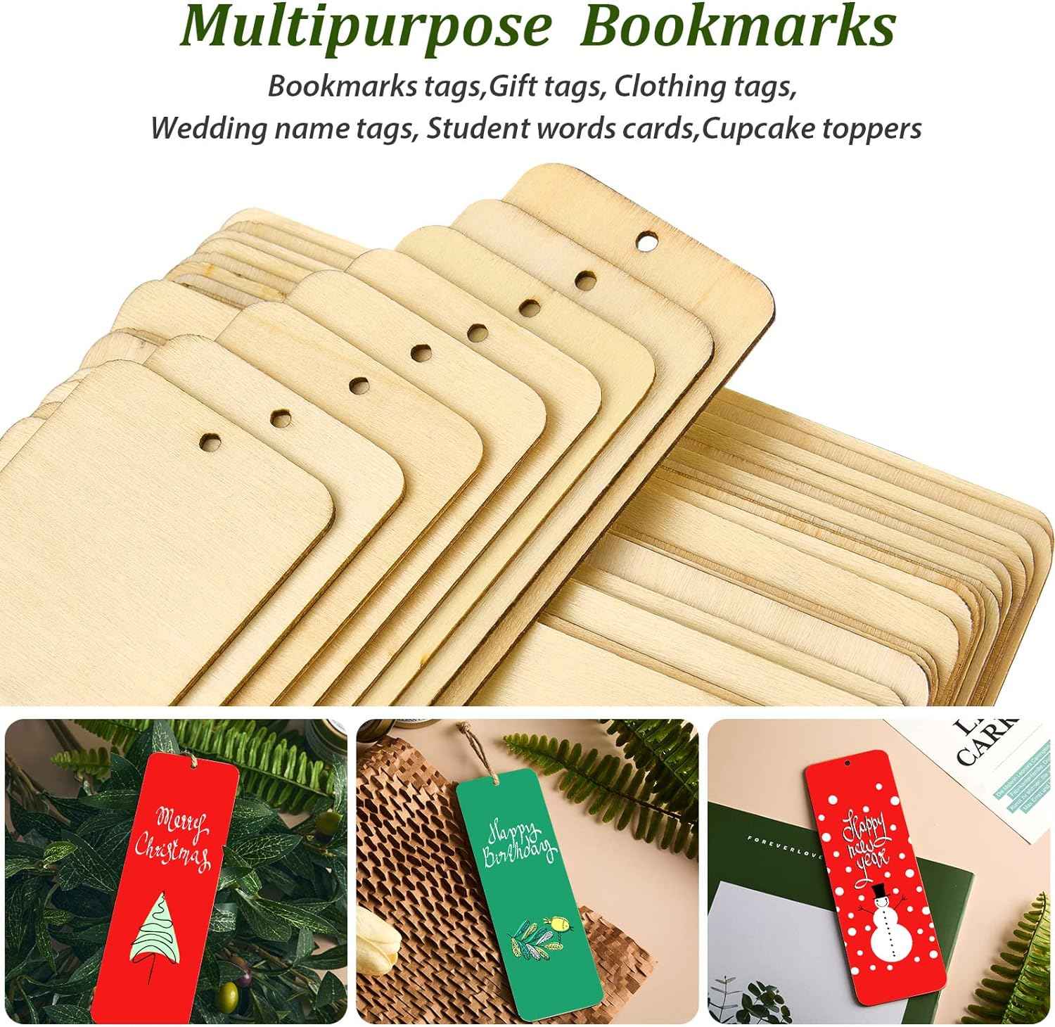 36 Unfinished Wood Blank Bookmarks Hanging Tags with Holes and Ropes 6 x 2 Inch