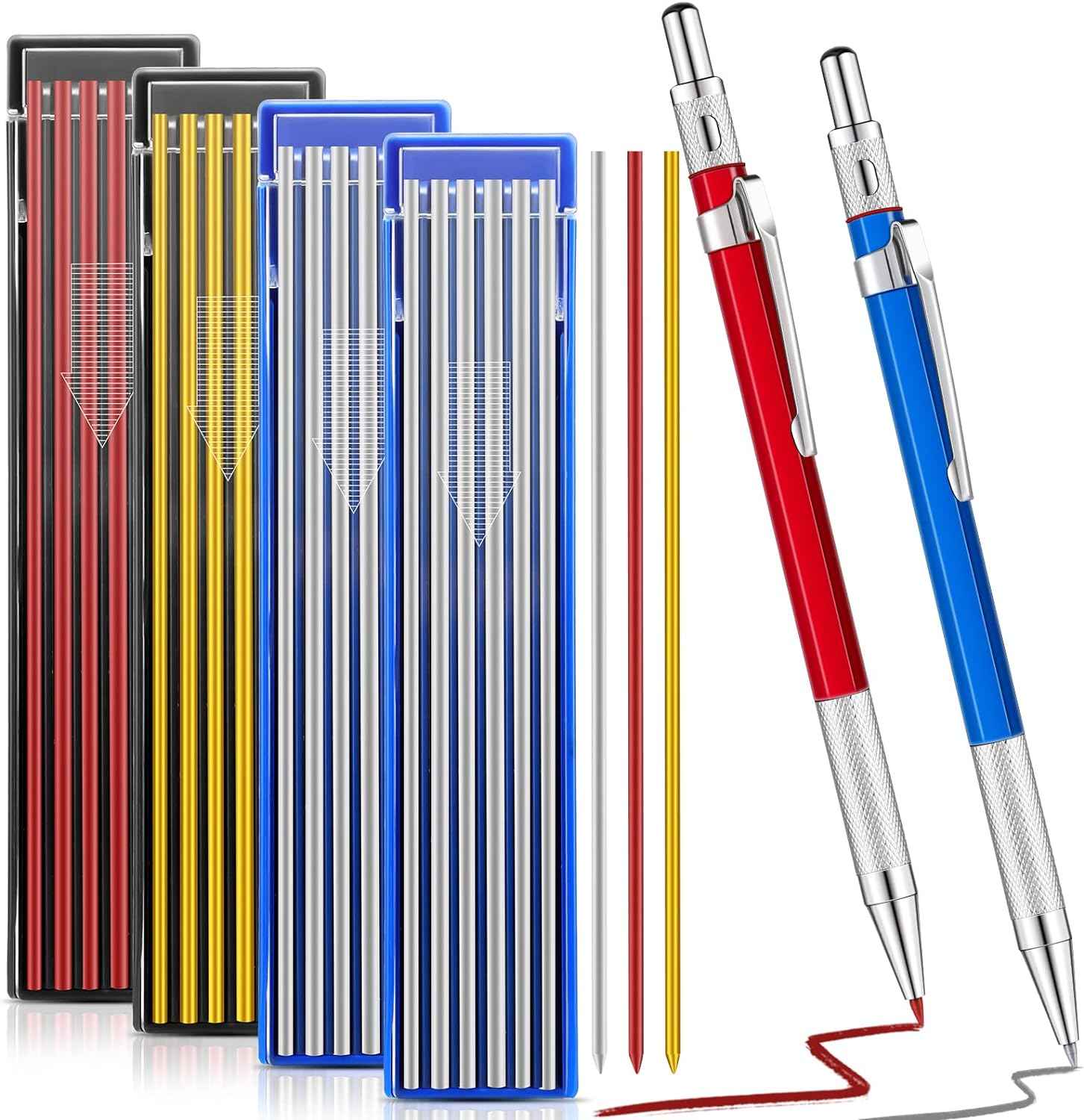 2Pcs Welders Mechanical Pencils with 48PCS Round Refills Red, Silver, Yellow