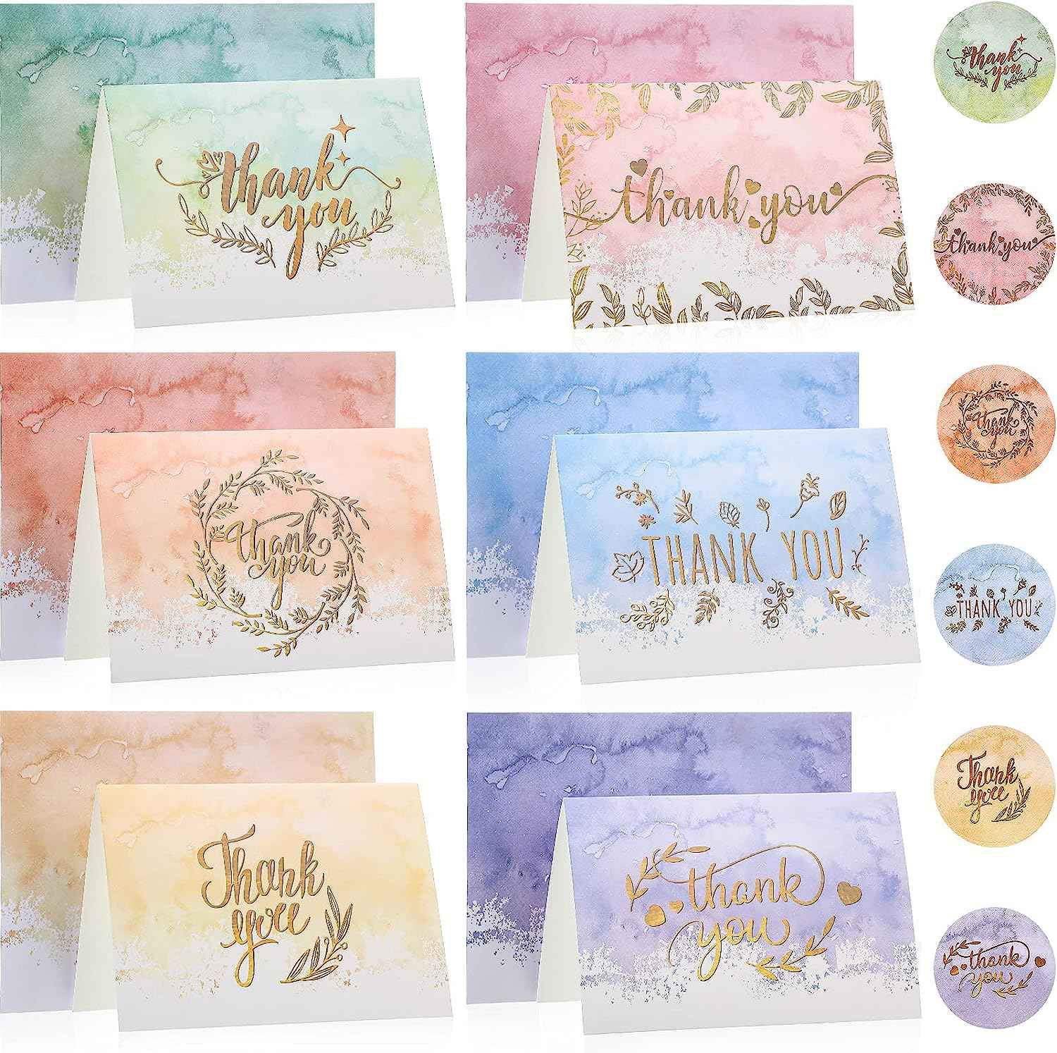 72 Pieces Watercolor Thank You Cards with Envelopes and Stickers Set Lovely Style
