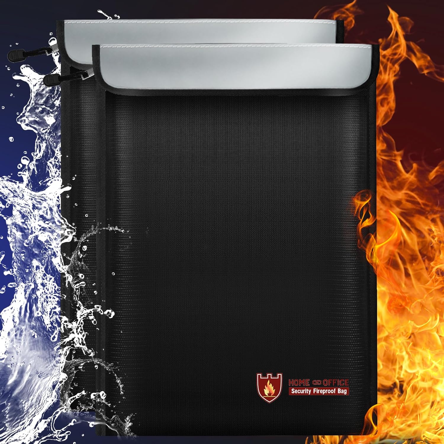 Fireproof Document Bag with Reflective Strip & Zipper (2 Pack),15"x11" Black