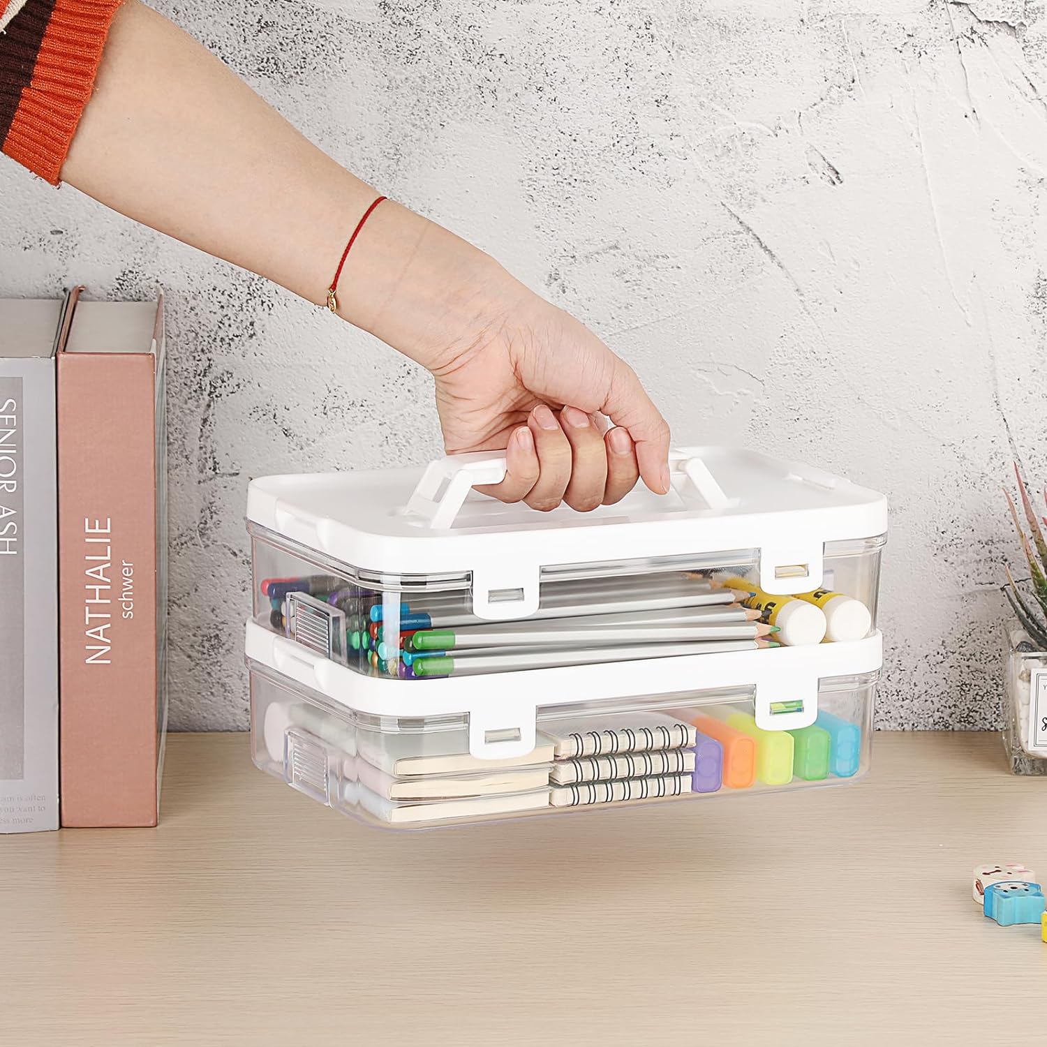 Clear Plastic Storage Container with Lid & Handle for Pencils Markers