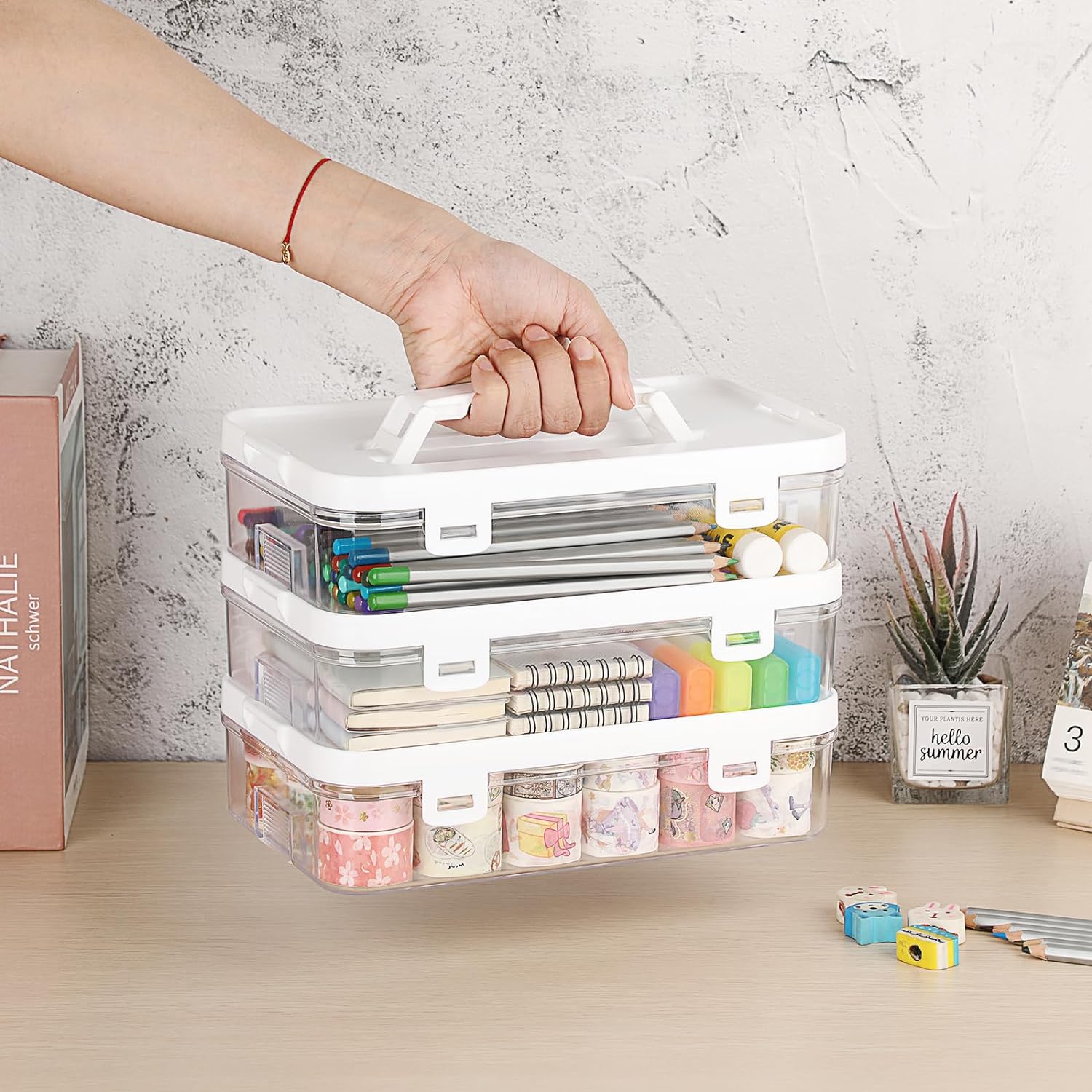 Clear Plastic Storage Container with Lid & Handle for Pencils Markers