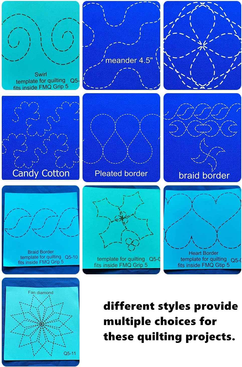 Quilting pattern templates on blue cards: candy cotton, pleated border, braid border