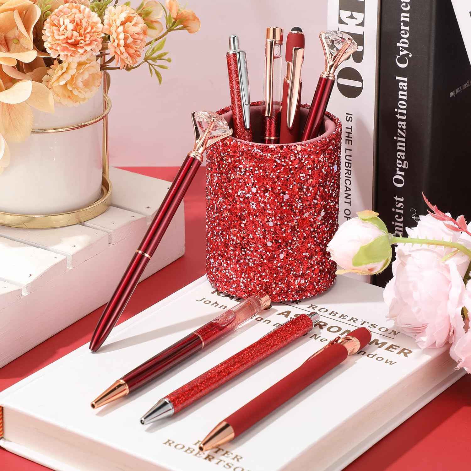8Pcs Crystal Glitter Ballpoint Pens with Pen Holder for Desk Organizer